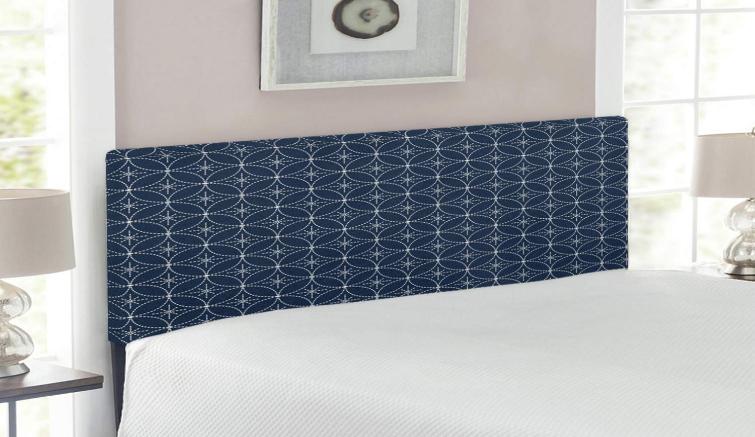 Ambesonne Geometric Upholstered Headboard with Memory Foam - Abstract Dotted Floral & Japanese Motifs - Queen Size Dark Blue Cream Bed Headboard for Modern Bedroom Decor
