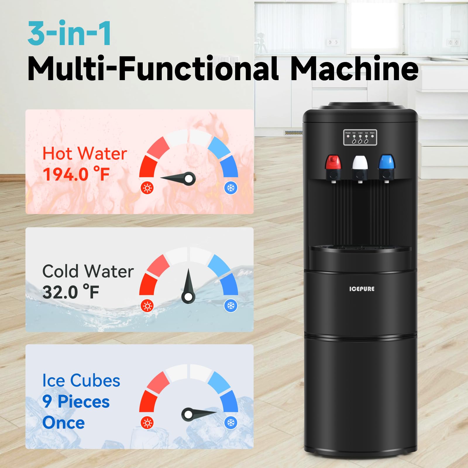 ICEPURE 3-in-1 Countertop Water Dispenser with Ice Maker - 26.5lbs/24H Bullet Ice Machine, Hot & Cold Water Cooler for 3-5 Gallon Bottles, Child Safety Lock, Black - Perfect for Home, Office, Kitchen, and Party Use