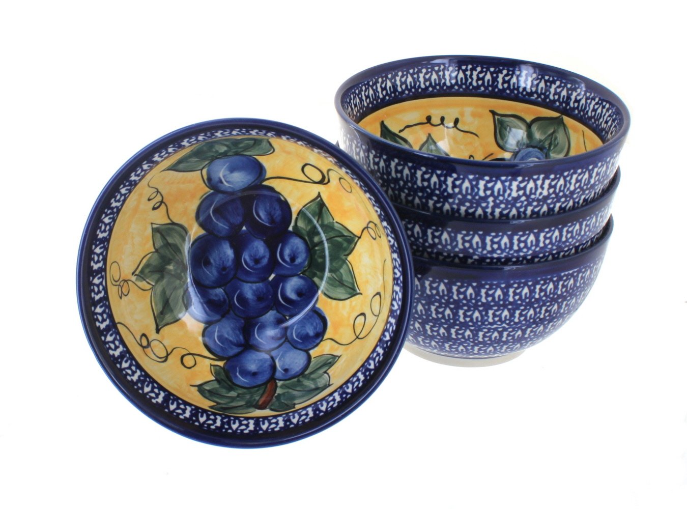 Blue Rose Polish Pottery 4-Piece Dessert Bowl Set - Handmade Ceramic Grape Design Bowls for Ice Cream, Fruit, and Party Serving