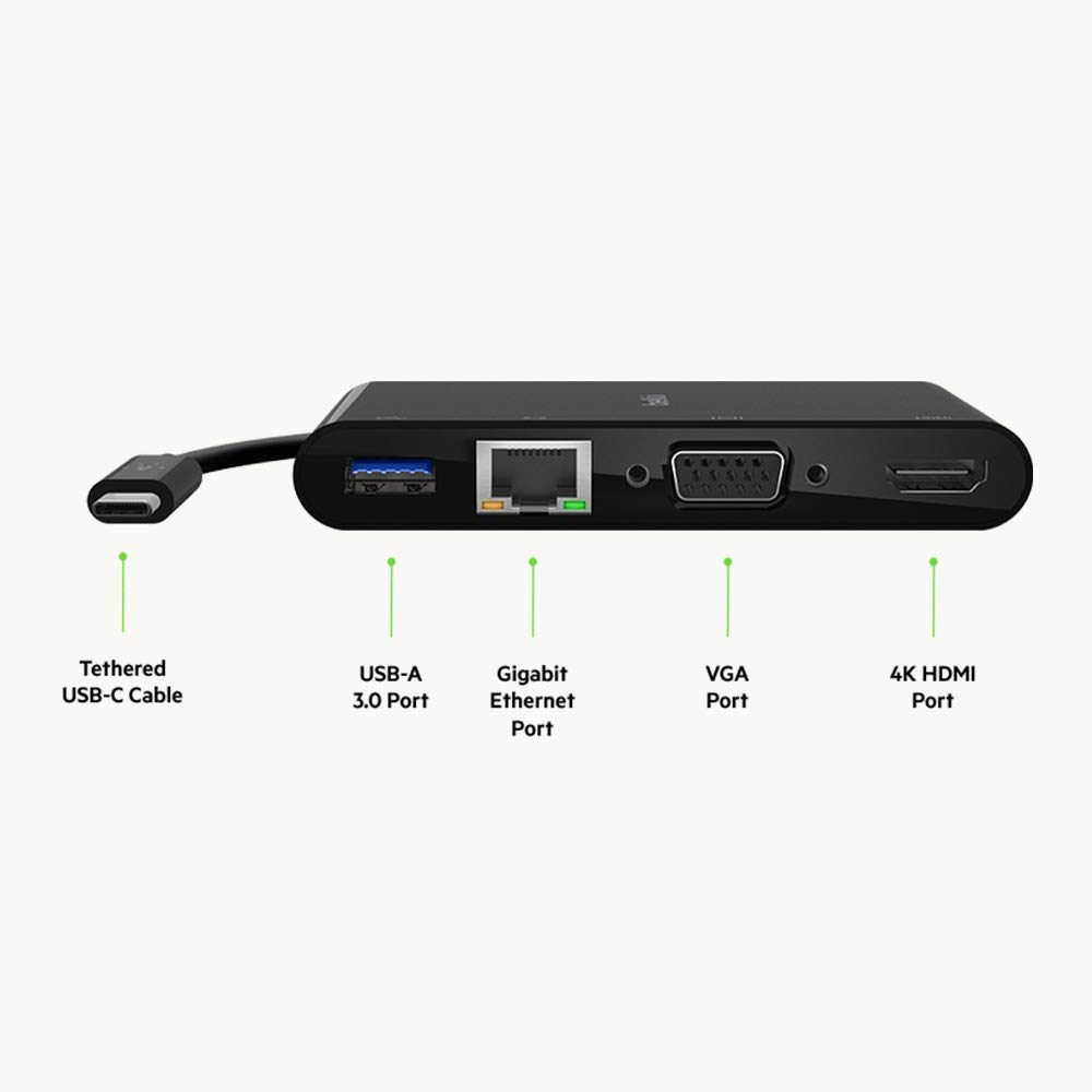 Belkin USB-C Multimedia Adapter Hub with VGA, 4K HDMI, USB 3.0 & Ethernet Ports - 100W Power Delivery for MacBook Pro, iPad Pro, Surface Pro, Chromebook - Perfect for Home Office, Remote Work & Multi-Screen Setup