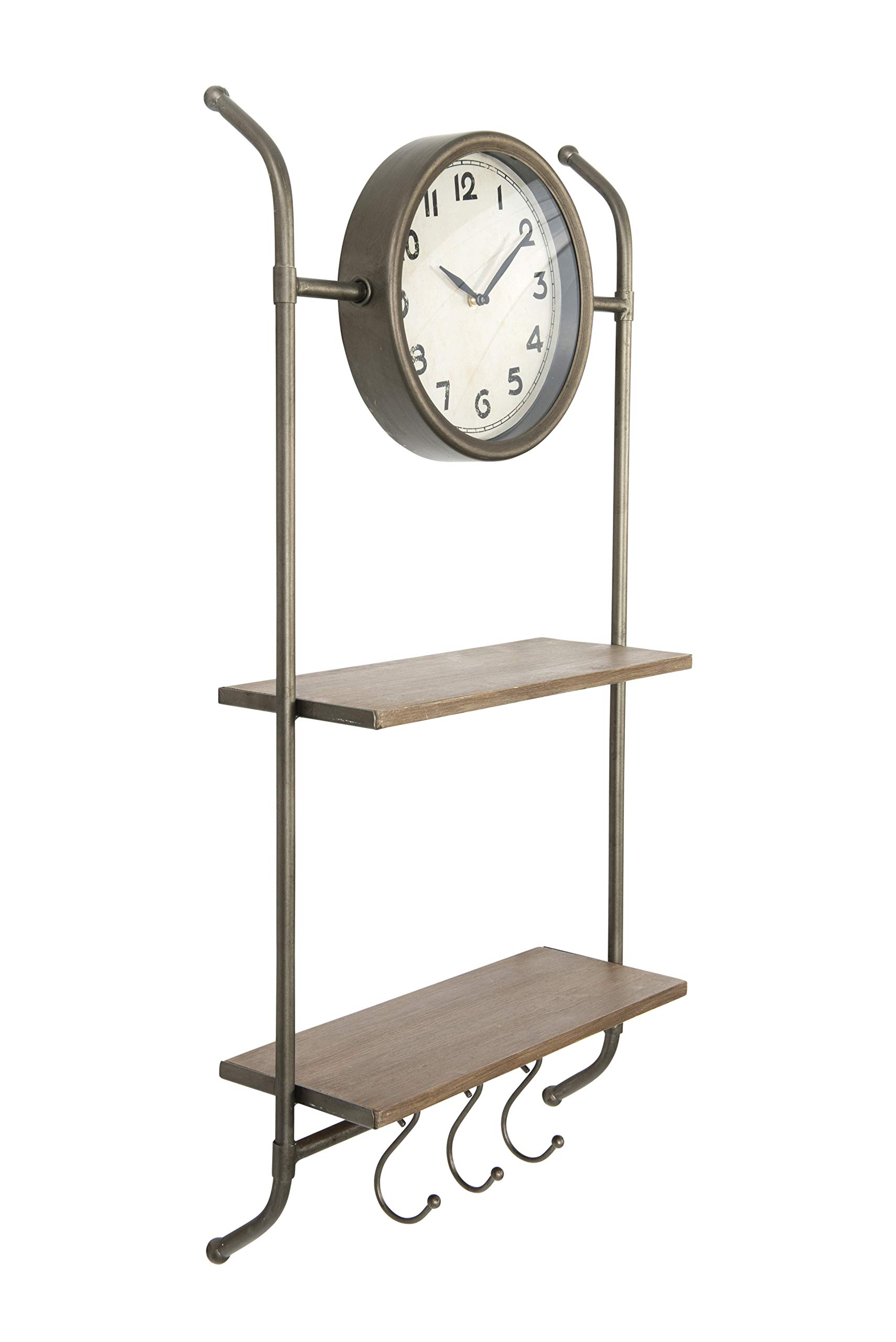 Creative Co-Op 2-Shelf & 3-Hook Wall Clock with Storage - Black - Perfect for Kitchen, Bathroom, and Office Organization