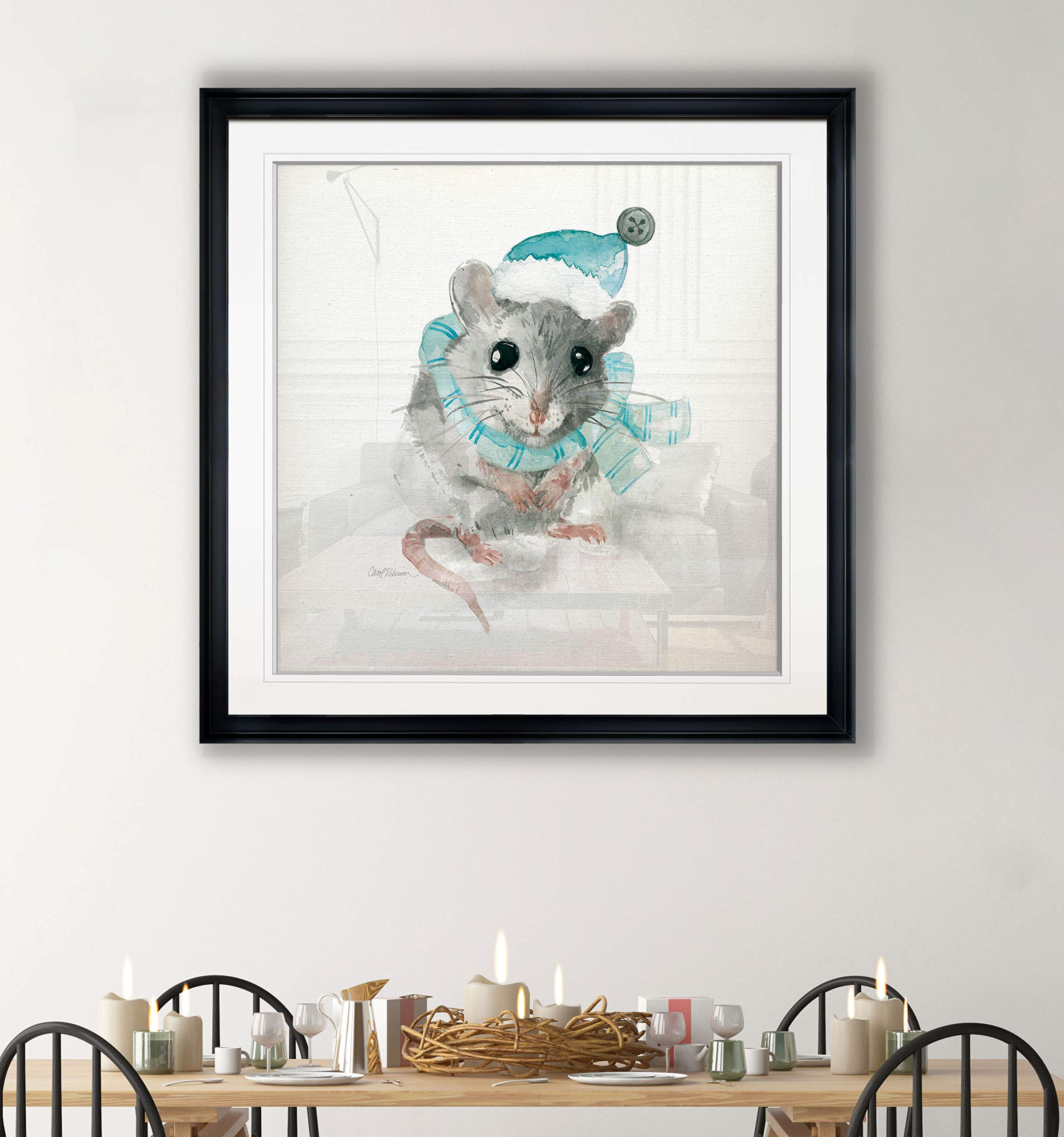 Christmas Critter Mouse Nursery Decor - Framed Animal Wall Art Painting, Abstract Kids Giclee Canvas Prints for Baby Room & Playroom | Perfect Holiday Gift & Home Decoration