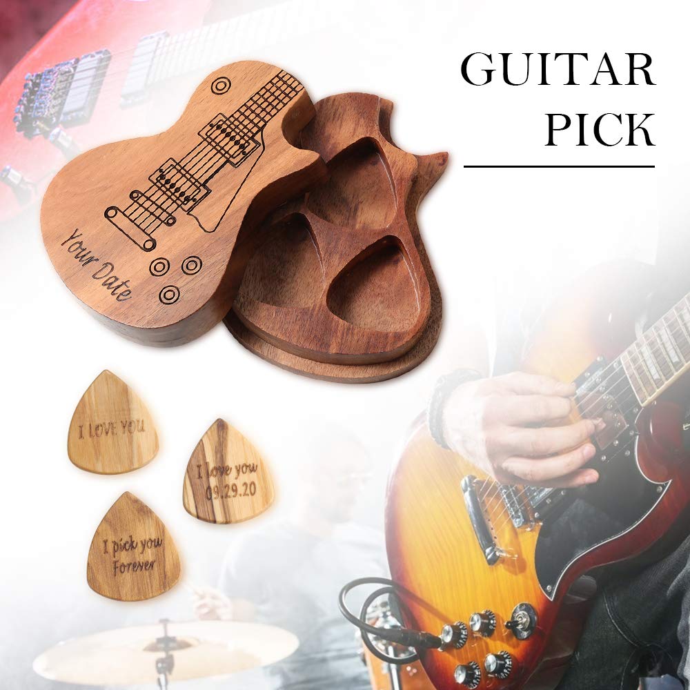 Personalized Wooden Guitar Pick Box with 3 Premium Wooden Picks - Acoustic Electric Bass & Ukulele Accessories - Unique Music Gift for Guitar Players & Boyfriends - Perfect for Practice, Performances & Music Lovers
