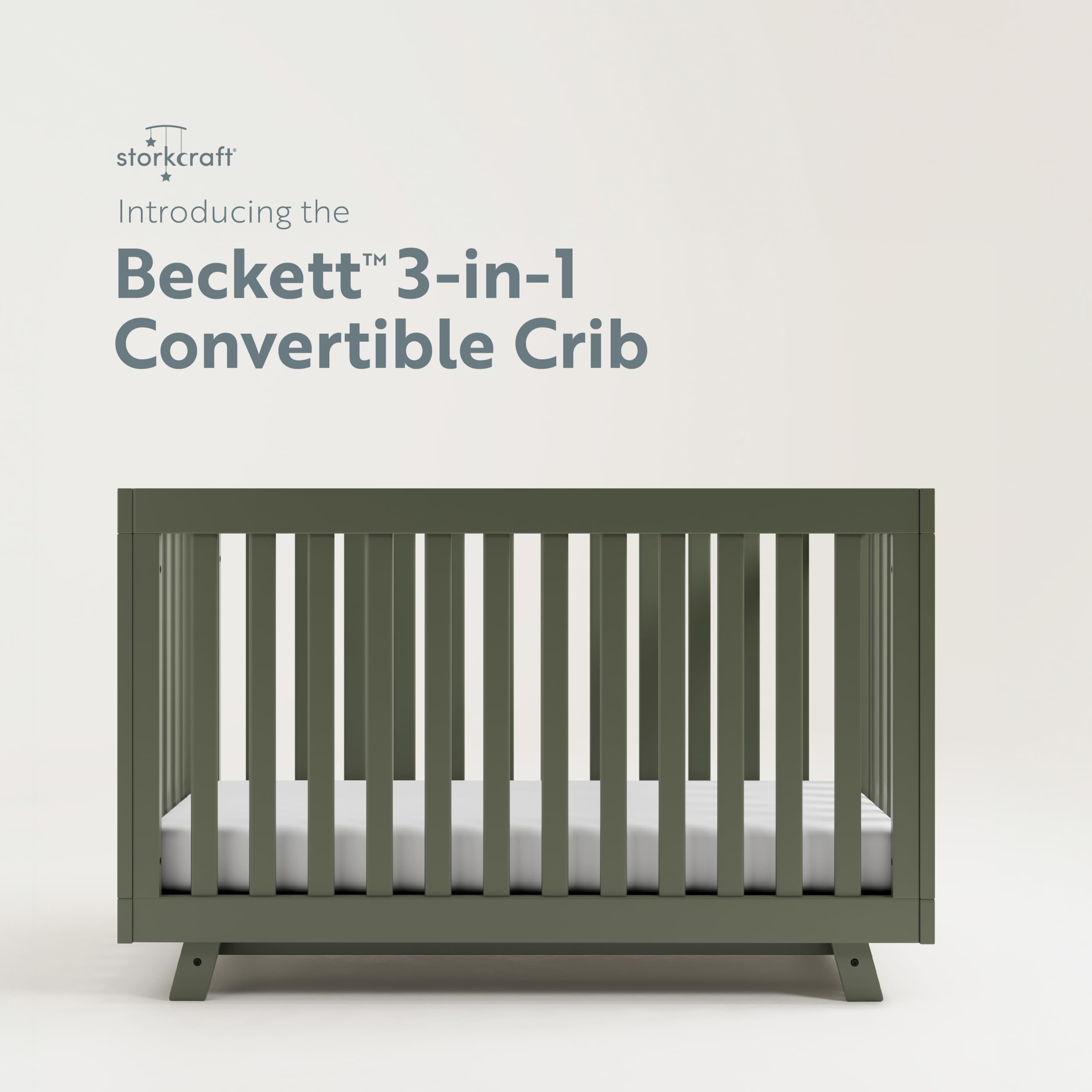 Storkcraft Beckett 3-in-1 Convertible Crib in Olive - GREENGUARD Gold Certified, Converts from Crib to Toddler Bed, Fits Standard Full-Size Crib Mattress | Safe Nursery Furniture for Newborns & Toddlers | Perfect for Baby Rooms & Daycare Centers