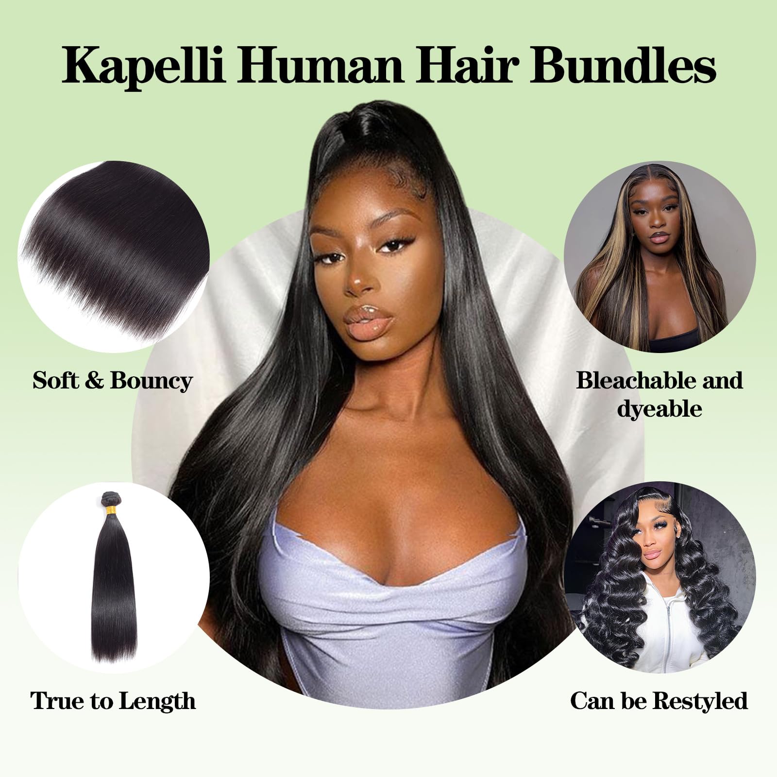 Kapelli 10A Brazilian Virgin Straight Human Hair Bundles with Closure 20 22 24+20 Inch - 3 Bundles Natural Black Remy Hair for Sew-in Weave, Extensions & Styling