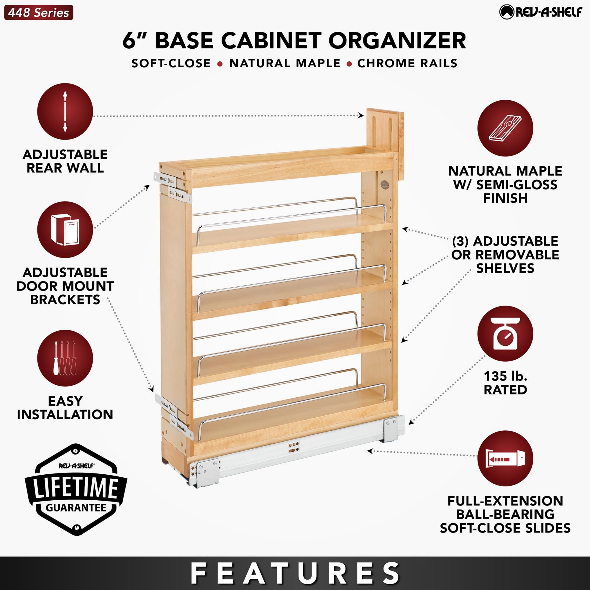 Rev-A-Shelf 5.5-Inch Pullout Cabinet Organizer with Soft-Close Full Extension Slides & Adjustable Shelves - Perfect for Kitchen and Bathroom Storage (Model 448-BCSC-5C) - Ideal for Spice Racks, Cleaning Supplies, and Toiletries Organization