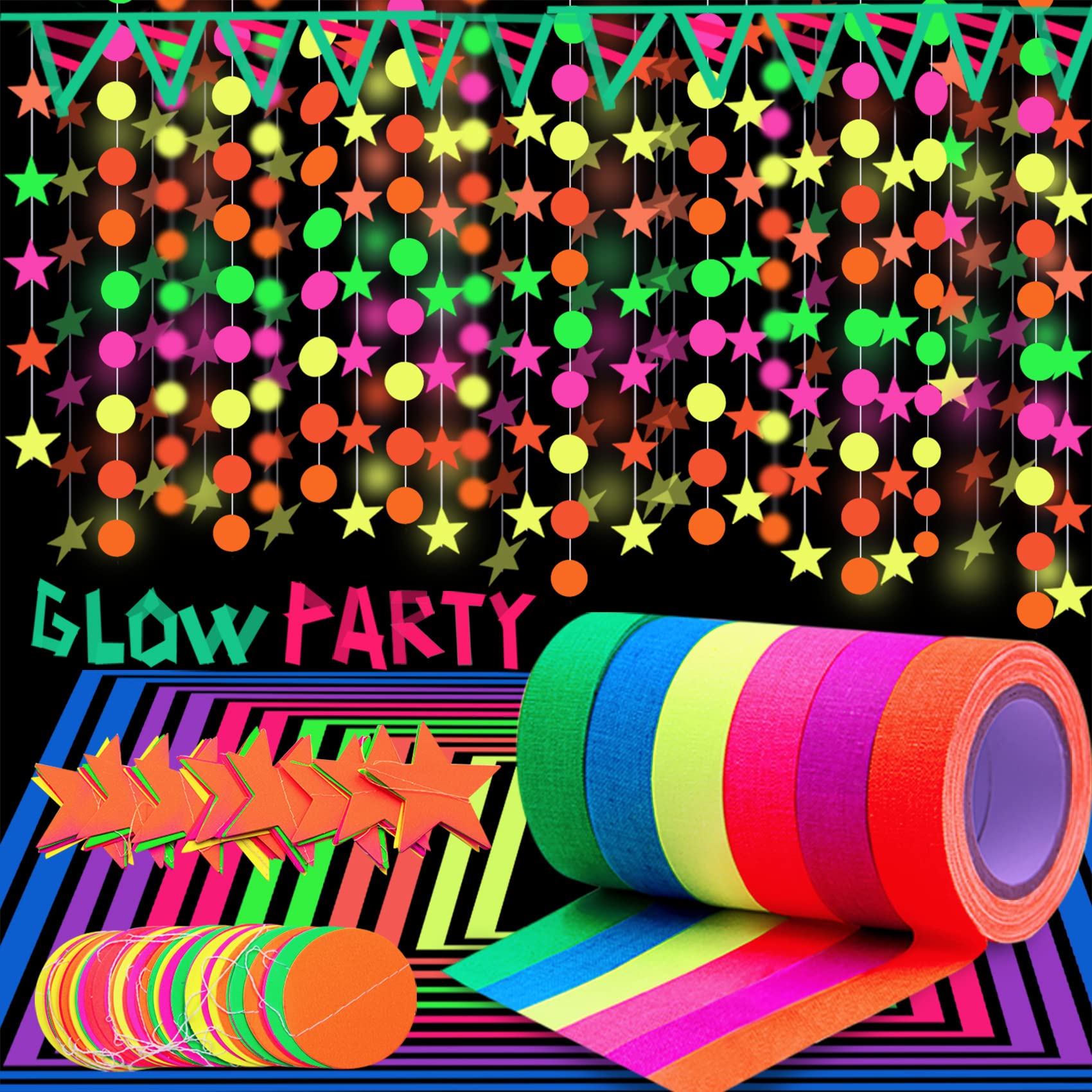 Glow in The Dark Neon Party Garland - 158ft Fluorescent Streamers & Stickers for Blacklight 80's Birthday, Christmas Decorations - Perfect for Themed Parties, Rave Events, and Home Decor