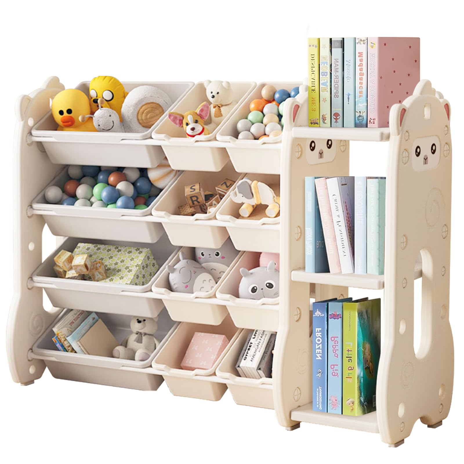 **4-Tier Kids Bookshelf with 12 Storage Bins - Multi-Purpose Toy Organizer for Books & Toys - White Toddler Bookcase for Playroom, Bedroom, Daycare & Nursery - Perfect for Organizing and Decorating Kids' Spaces**