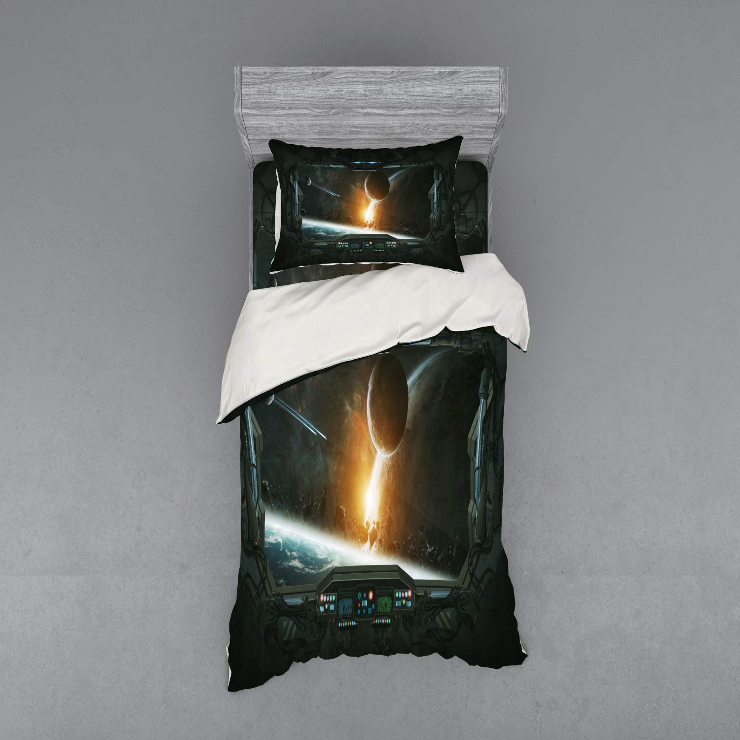 Ambesonne Outer Space Bedding Set - 3 Piece Duvet Cover with Pillow Sham & Fitted Sheet, Twin Size, Grey Orange Galaxy Print, Astronaut Space Station Planets Design | Perfect for Kids Room, Space Themed Bedroom Decor & Sci-Fi Lovers