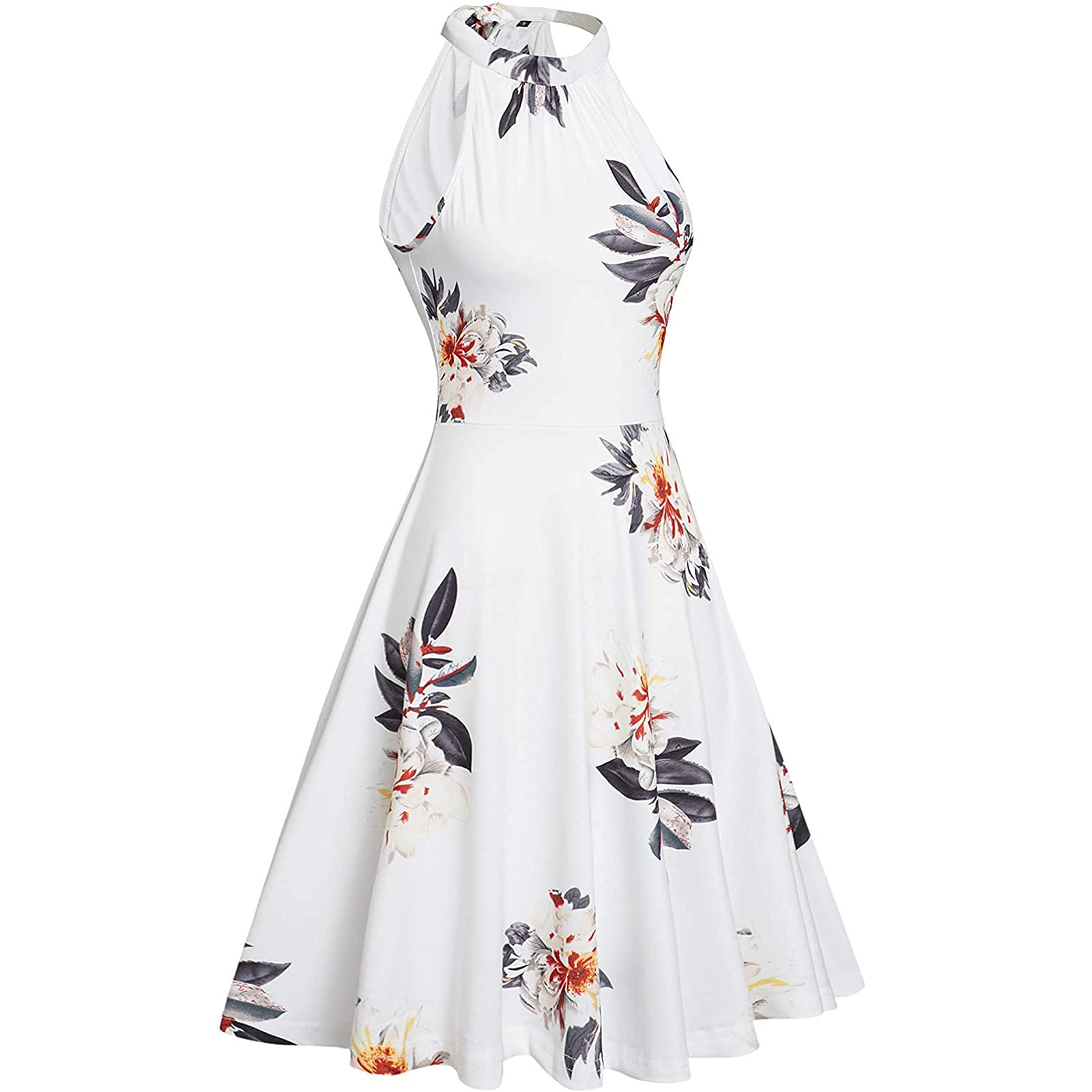 Women's Floral Maxi Dress - Halter Neck Sleeveless Backless Summer Sundress with Ruffle Hem | Beach Wedding Party Vacation Outfit