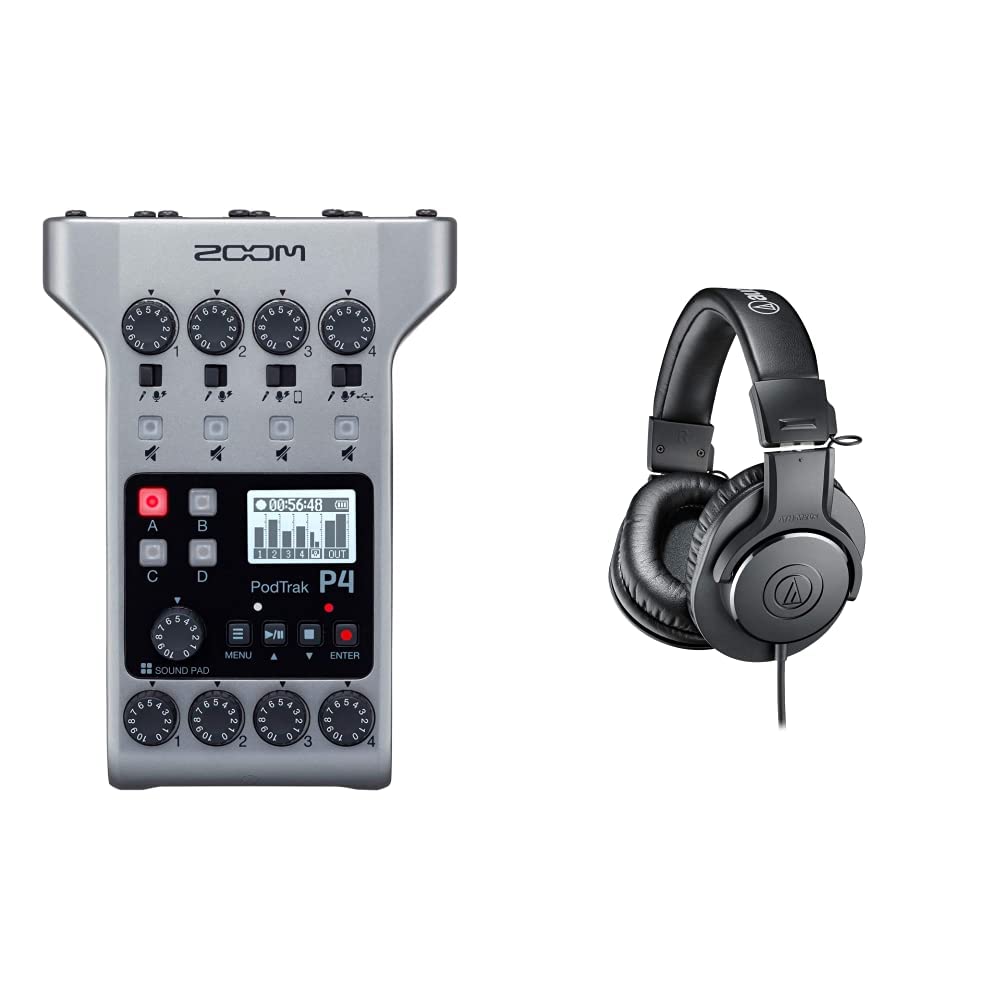 Zoom PodTrak P4 Portable Podcast Recorder & Audio-Technica ATH-M20X Professional Studio Headphones Bundle - Perfect for Podcasting, Voice Recording & Home Studio Setup