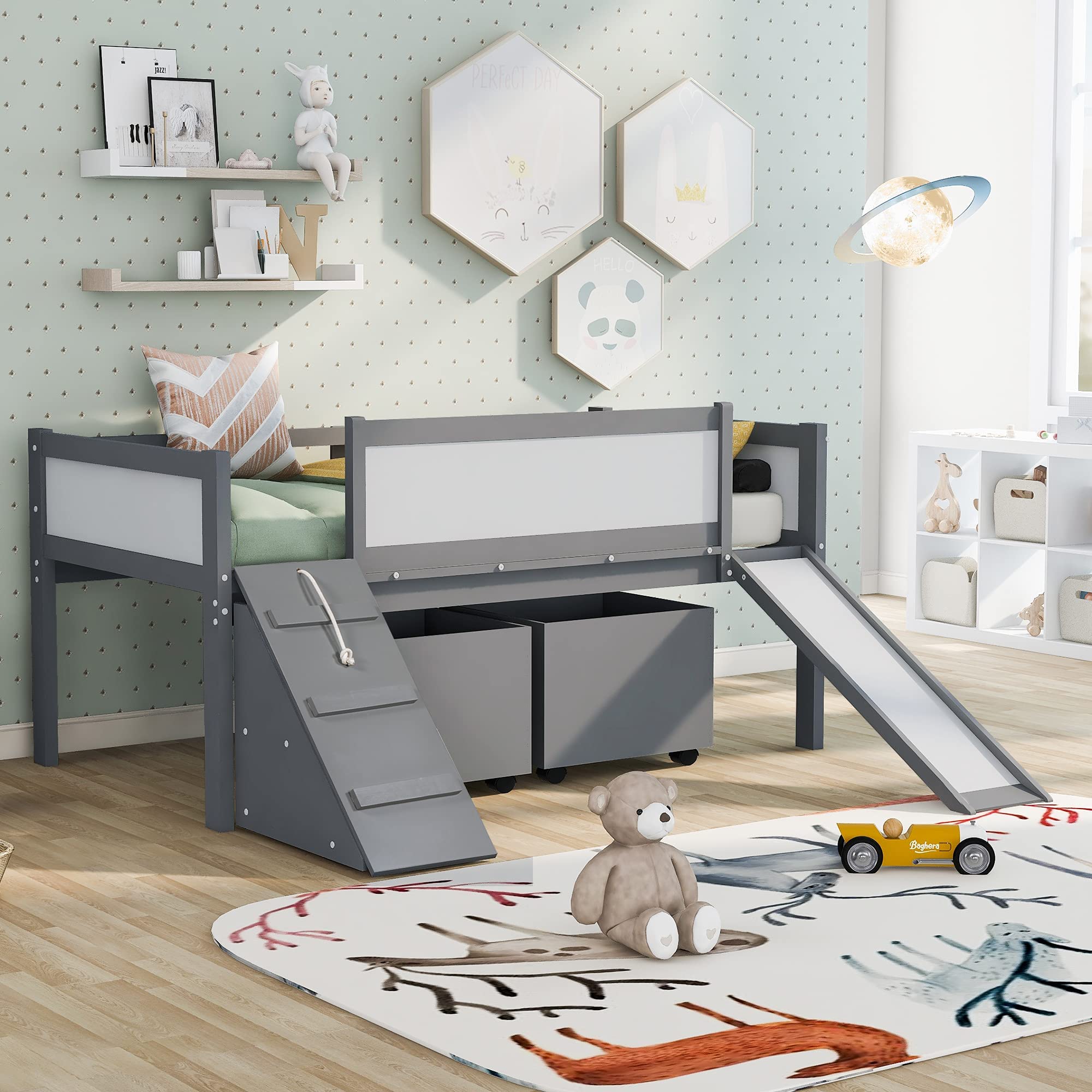 Twin Size Low Loft Wooden Bed with Slide, Chalkboard, Storage Boxes, Cabinet, Climbing Rope & Frame - Kids & Teens Bedroom Furniture for Boys & Girls (Gray) - Perfect for Small Spaces, Playrooms & Multi-Functional Bedrooms