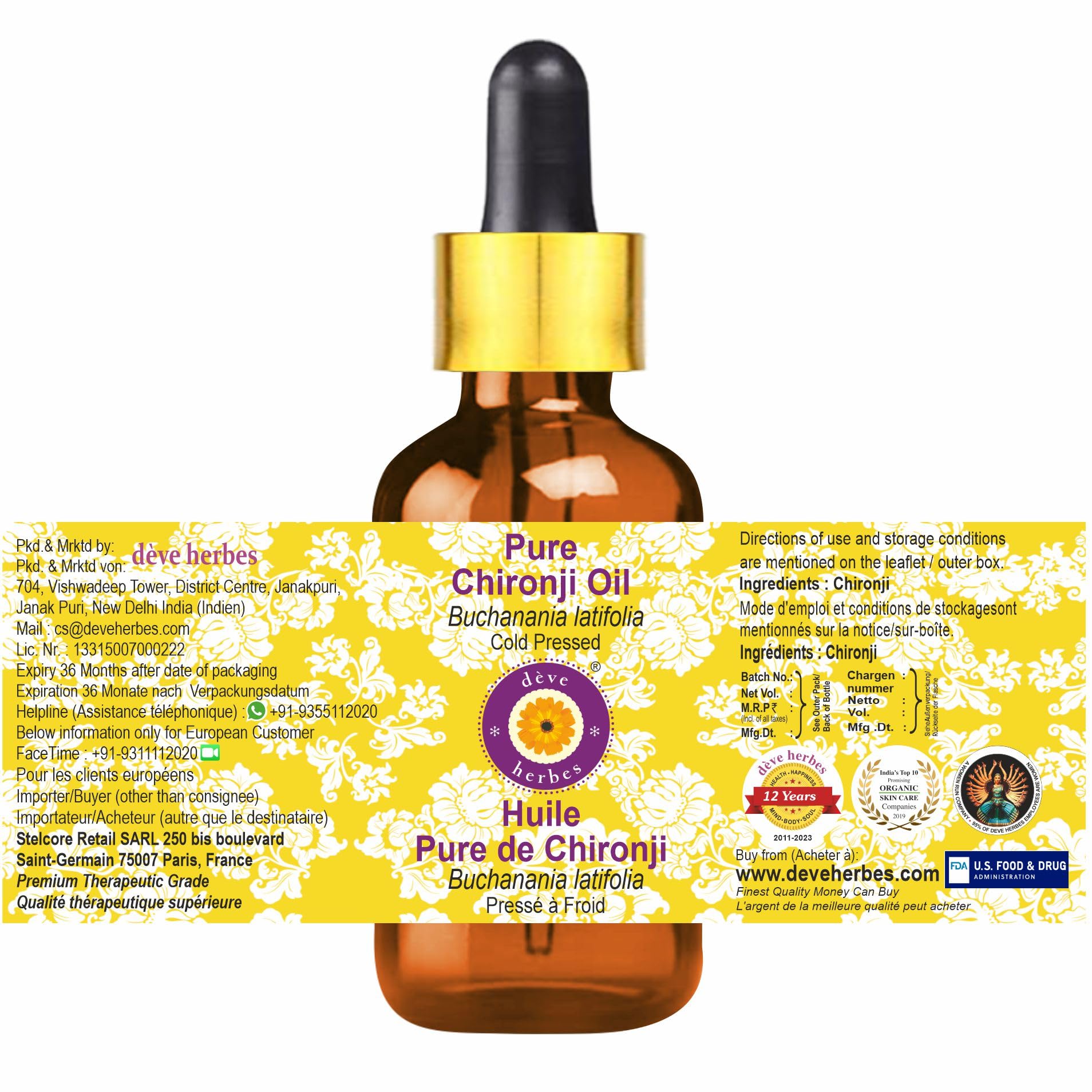 Pure Chironji Oil (Buchanania latifolia) - 100% Natural, Cold Pressed, Therapeutic Grade with Glass Dropper - 2 Pack (100ml Each) for Hair Care, Skin Care & Aromatherapy