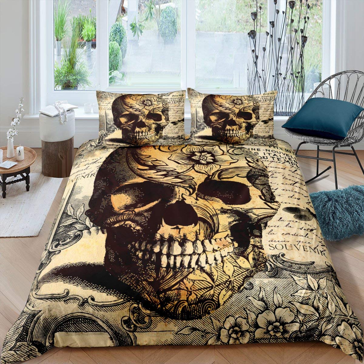 Skull Duvet Cover Twin Size - Floral Printed Vintage Bedding Set with Gothic Sugar Skull Pattern | Retro Comforter Cover Set in Medieval Style | Soft Quilt Set for Adults, Teens & Women | Perfect for Gothic Bedroom Decor, Halloween Themed Rooms & Bohemian Style Homes