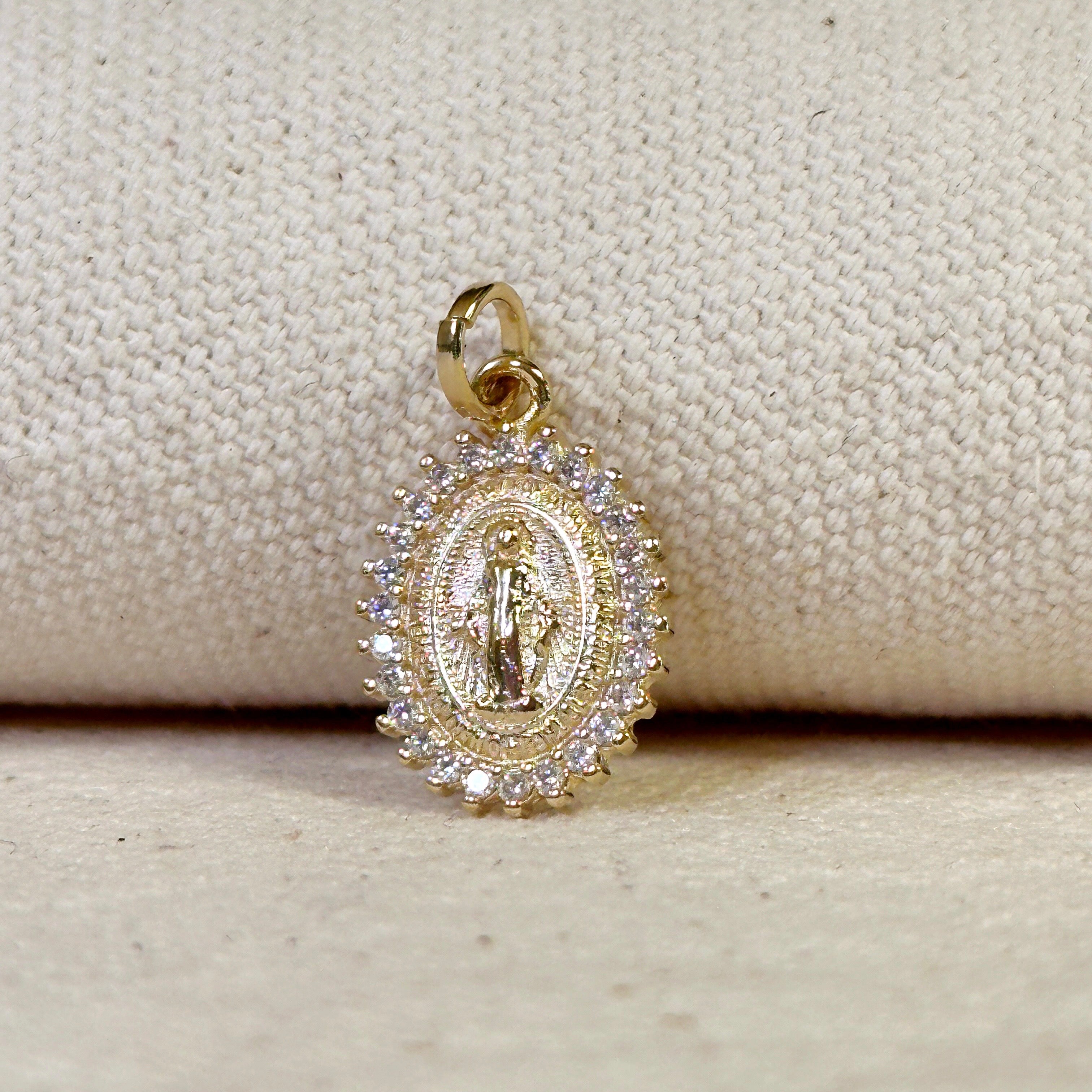 18K Gold Filled Double Sided CZ Lady of Grace Medal Pendant Necklace - Elegant Religious Jewelry for Women, Perfect for Church, Weddings & Special Occasions