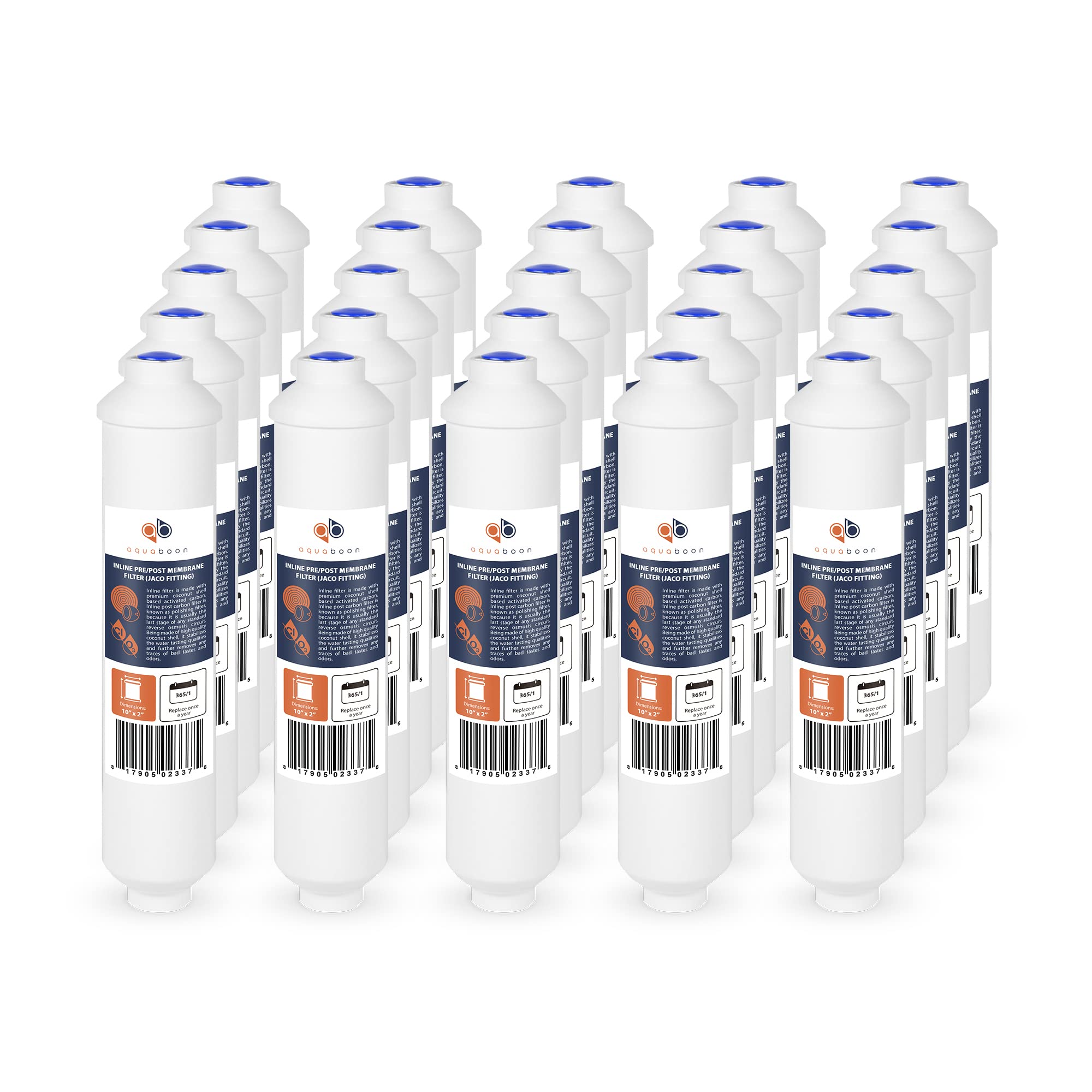 Aquaboon 25-Pack Inline Water Filter Cartridge for Refrigerator - Post Carbon Polishing Filter Compatible with Reverse Osmosis Systems (Standard Size, Jaco Fitting) | Improves Water Taste & Clarity for Drinking, Ice Maker, and Coffee Machines