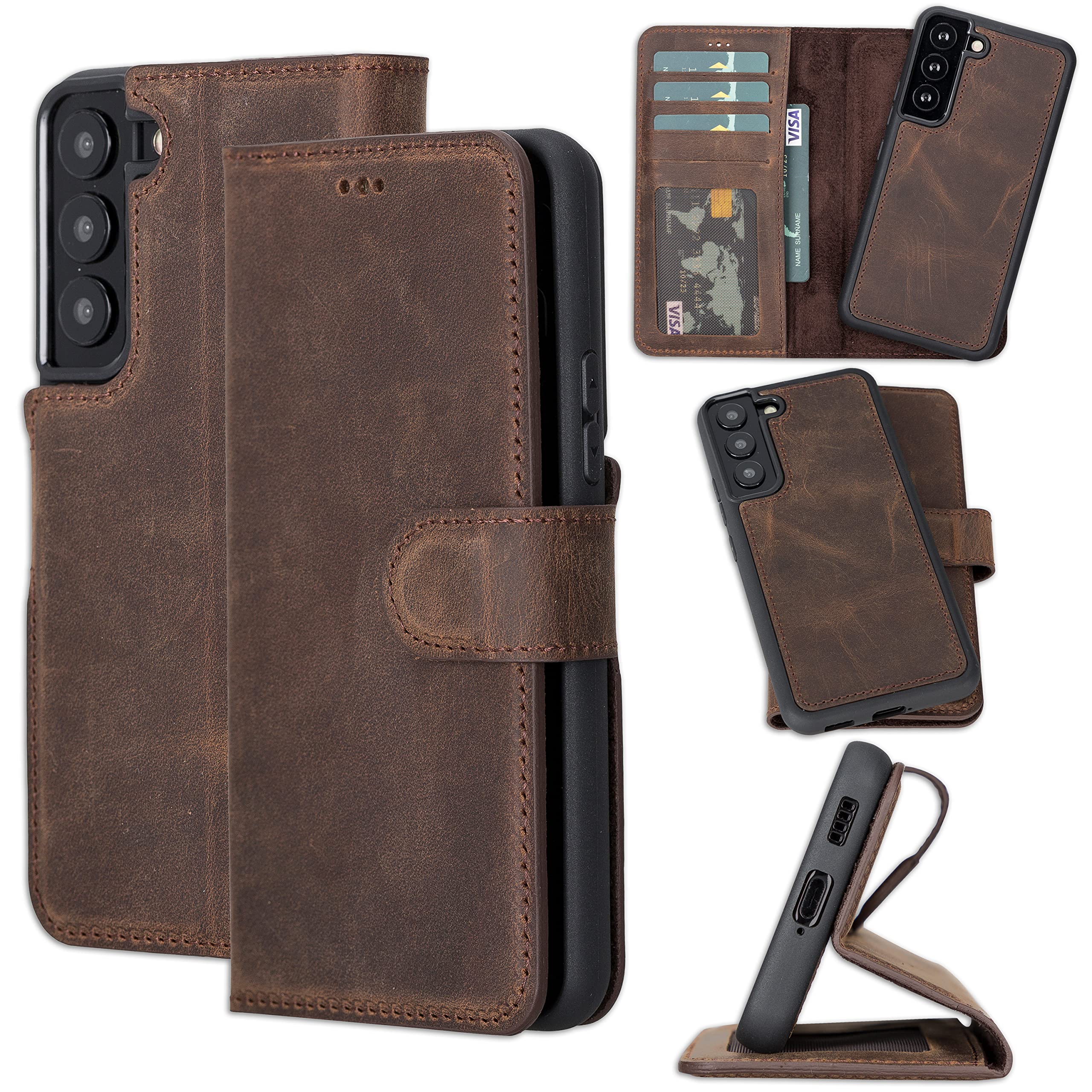 Premium Full Grain Leather Samsung Galaxy S22 Wallet Case - Detachable Magnetic Flip Cover with Kickstand & Card Holder (Brown) | Perfect for Business Professionals & Travelers