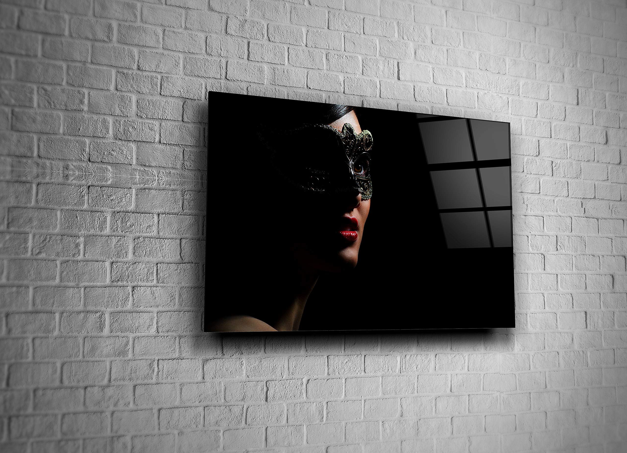 Stylish Woman in Mask Print Tempered Glass Wall Art - Elegant Home Decor & Luxury Gift for Living Room, Bedroom, or Office