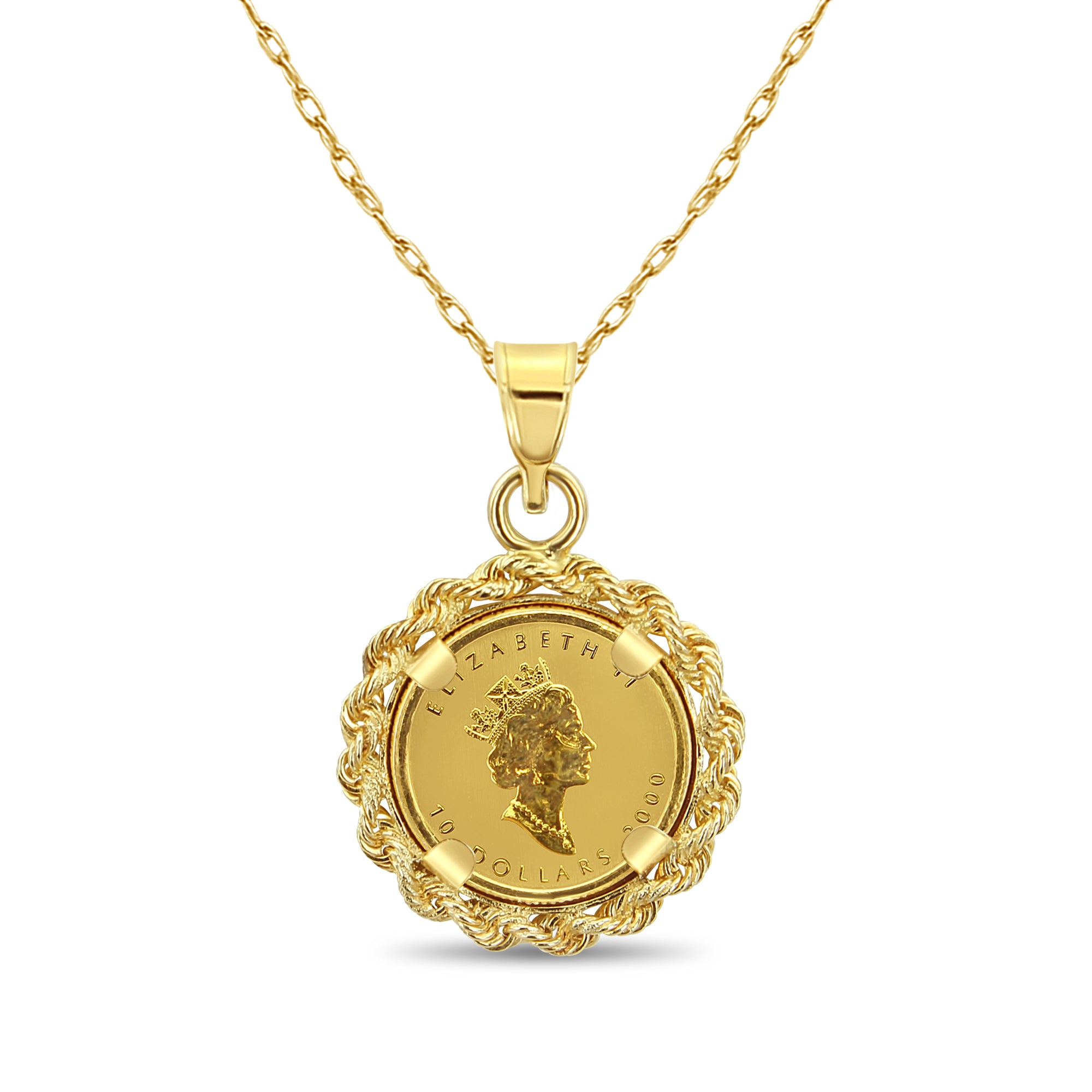 1/4 oz Queen Elizabeth Canadian Maple Leaf Gold Necklace with Rope Bezel - Perfect for Gifts, Jewelry Collections & Special Occasions