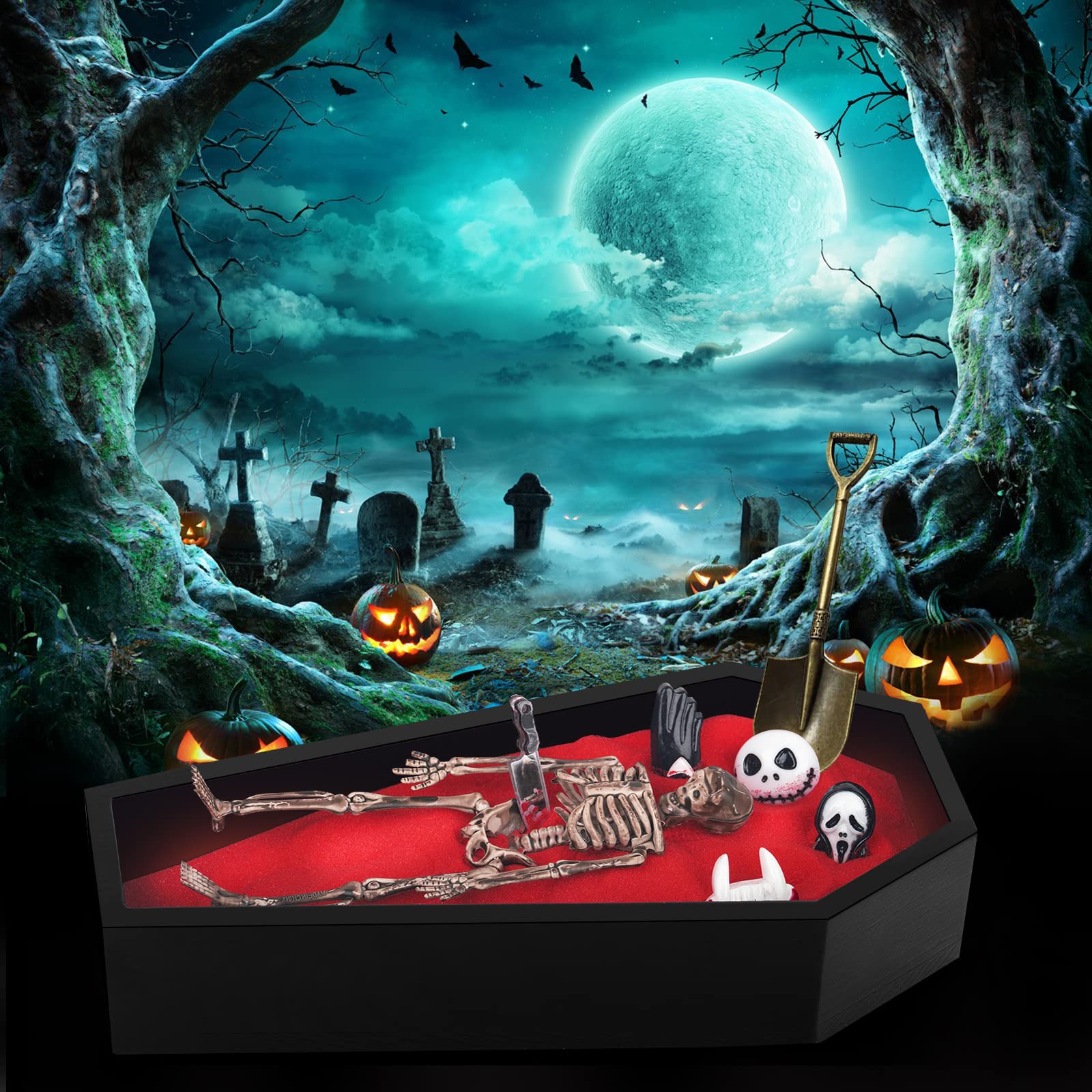LUCHINM Coffin Zen Garden Kit for Desk - 9.2×4.5 Inch Mini Sandbox with 6 Accessories & 3 Rakes - Gothic Office Decor, Halloween Desk Accessory - Perfect for Stress Relief, Meditation & Spooky Home Décor