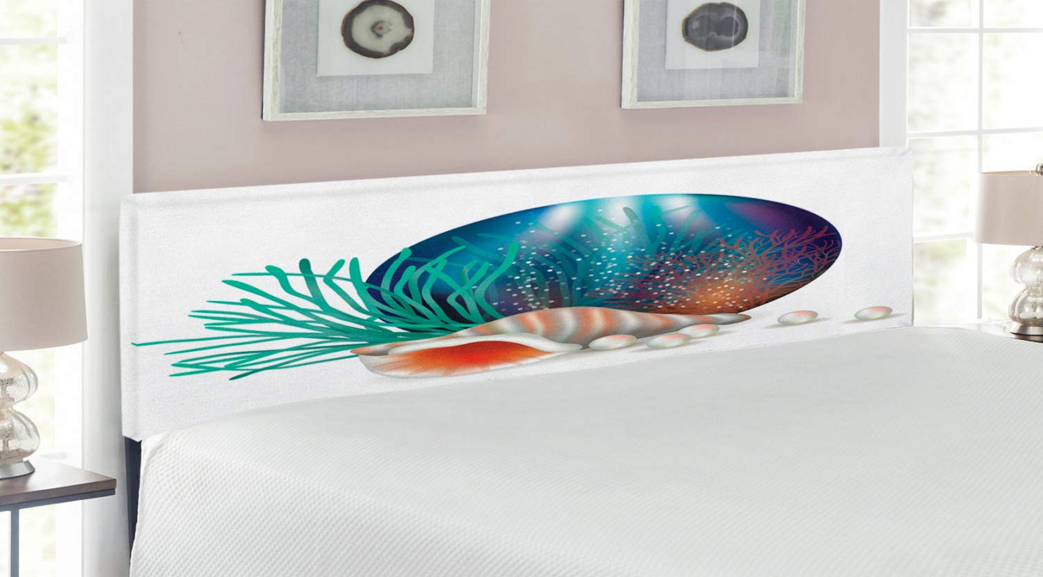 Ambesonne Pearls Upholstered King Size Headboard - Underwater Sea Nautical Theme with Shells, Corals & Memory Foam | Decorative Metal Bed Frame for Coastal, Beach & Ocean Inspired Bedroom Decor