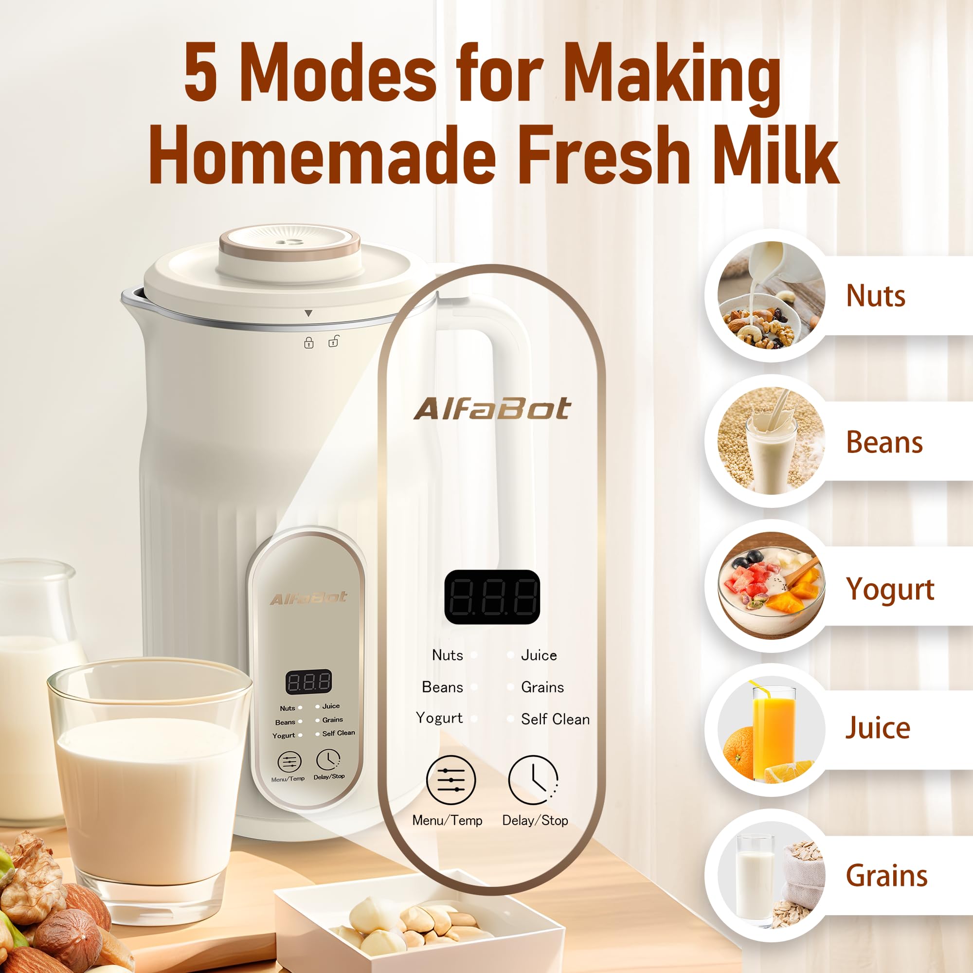 AlfaBot N2 Automatic Nut Milk Maker Machine - 5 Modes for Homemade Almond, Oat, Soy Milk & Yogurt - 35OZ Large Capacity with Delay Setting & Self-Cleaning (White) - Perfect for Vegan, Keto & Healthy Lifestyle Breakfasts