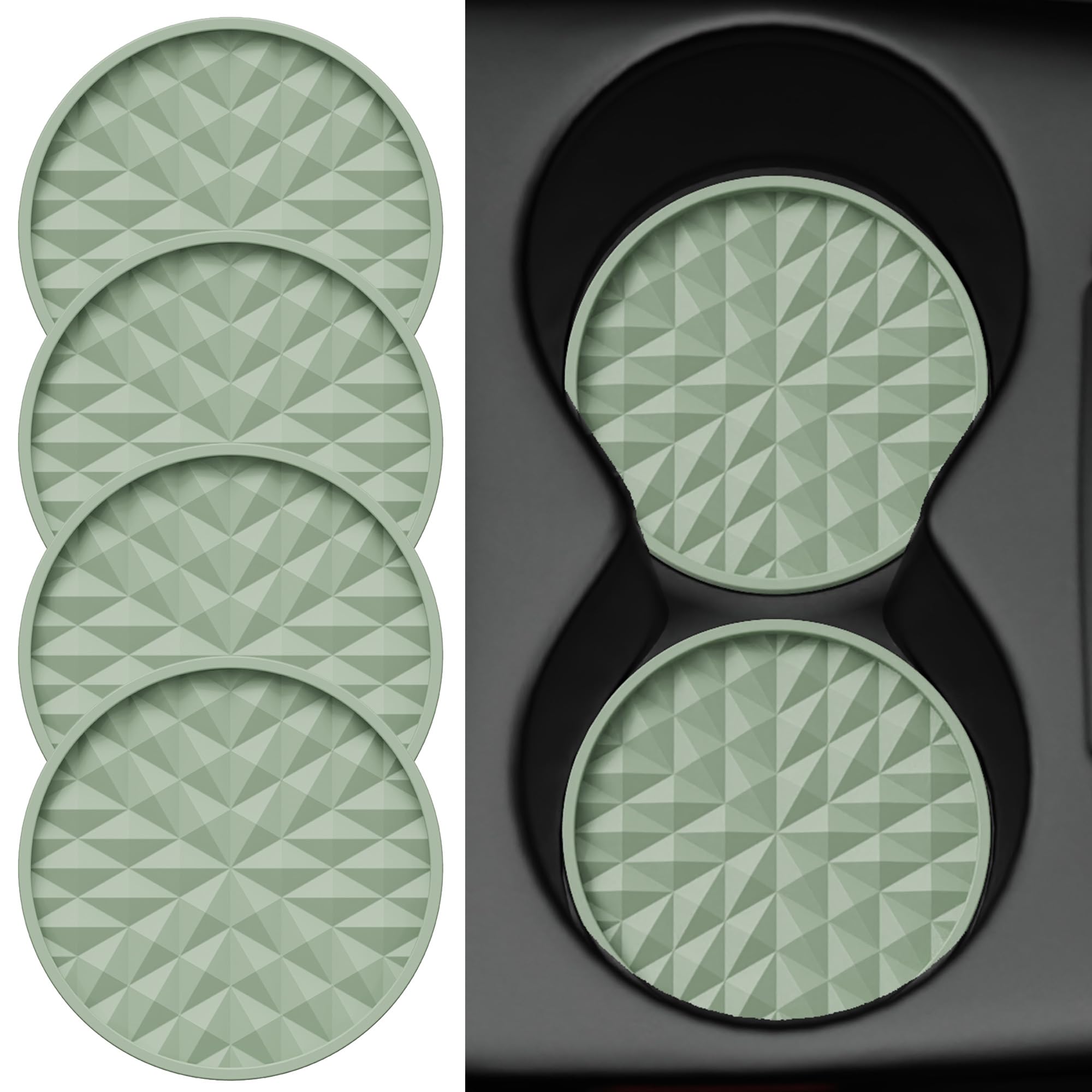 Non-Slip Silicone Car Coasters 4 Pack (2.75 Inch) - Universal Cup Holder Mats for Cars, Waterproof & Durable Interior Accessories - Perfect for Coffee, Drinks & Spill Protection - Sage Green