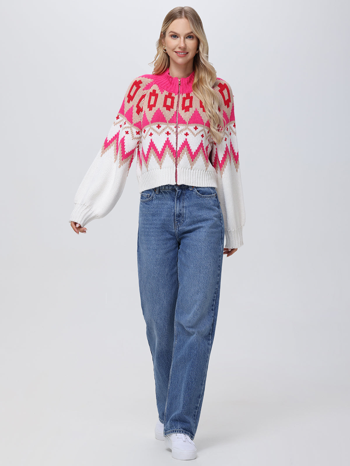 Victoria Women's Fair Isle Knit Bomber Jacket - Cozy Winter Pullover for Casual Outings & Holiday Gatherings