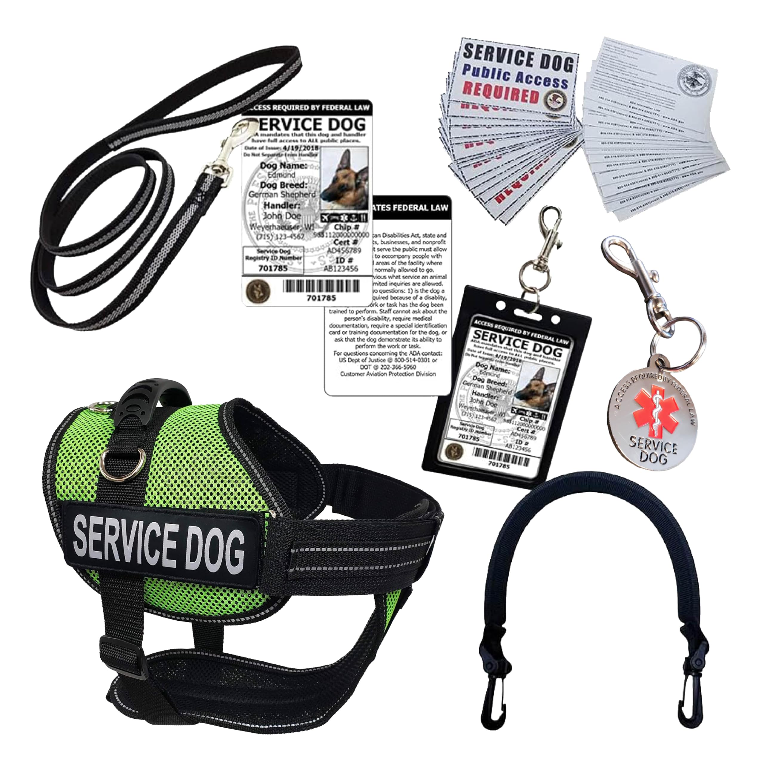 ActiveDogs Full Service Dog Kit - XS Lime - Service Dog Vest Harness with Handle, ID Holder, ADA Cards, Medical Alert Keychain & Leash - Perfect for Training, Therapy & Public Access Assistance