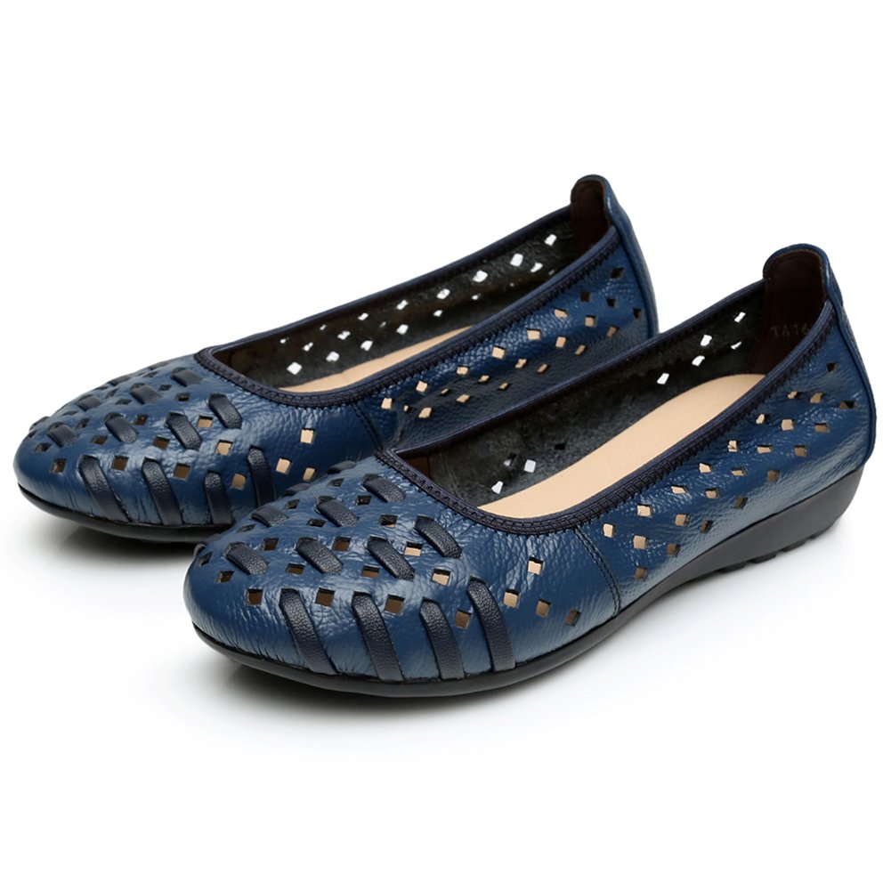rismart Women's Hollow Comfort Slip-On Leather Ballet Flats - Breathable Lightweight Shoes for Work, Travel & Casual Wear