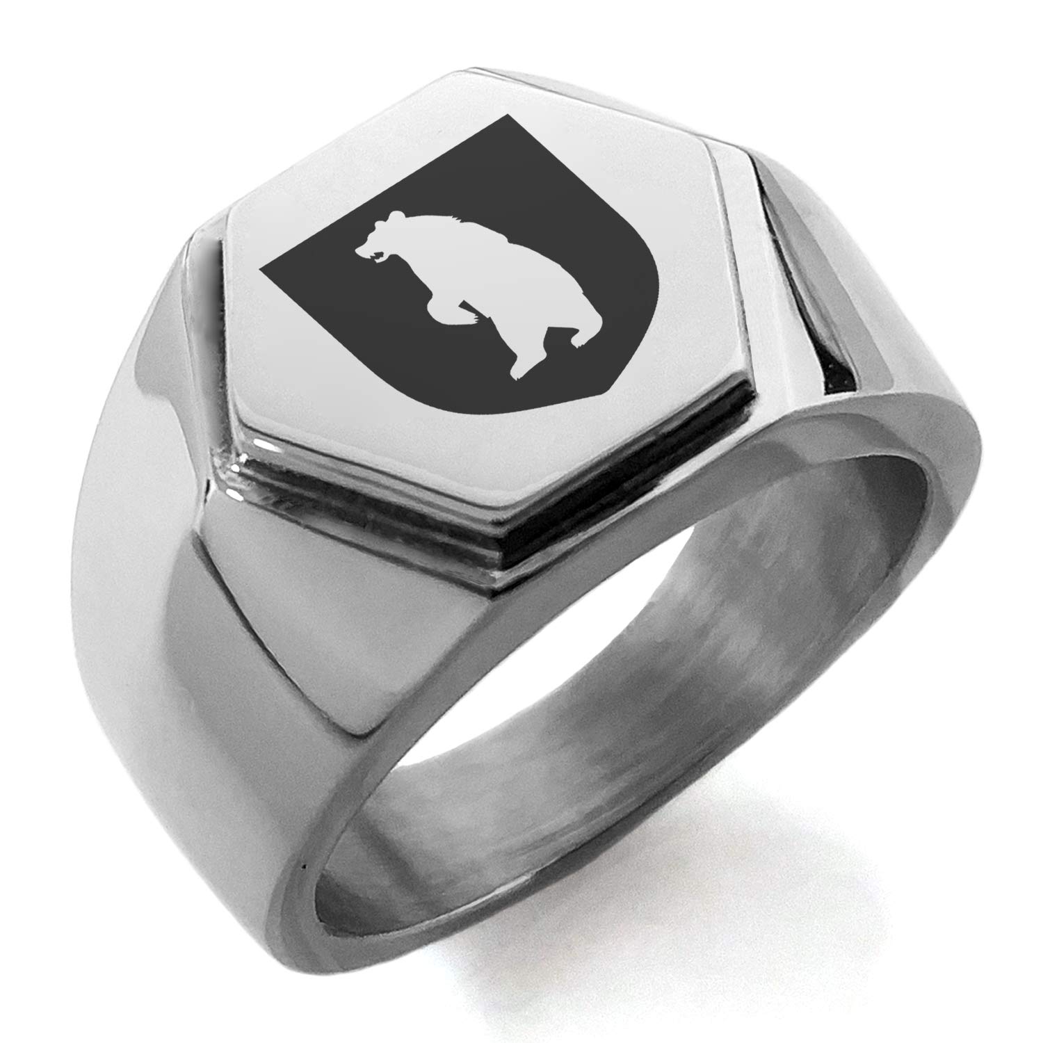 Stainless Steel Bear Ferocity Coat of Arms Shield Hexagon Crest Flat Top Biker Style Polished Ring for Men - Viking Jewelry, Motorcycle Rider Gift, Medieval Warrior Accessory