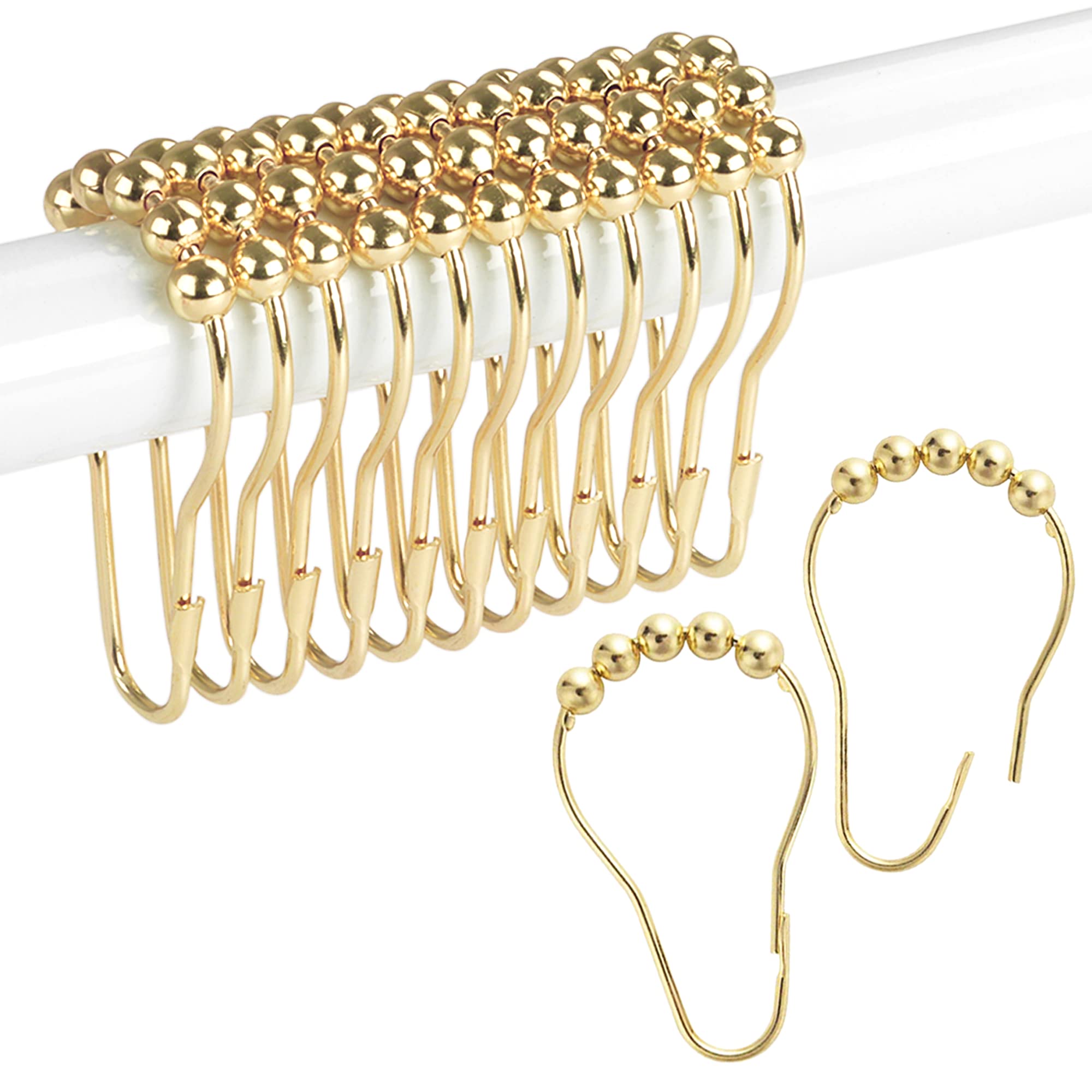 Rustproof Metal Shower Curtain Hooks Rings - Set of 12 Golden Bathroom Accessories for Shower Rods & Curtains | Durable & Stylish Upgrade for Your Bathroom Decor