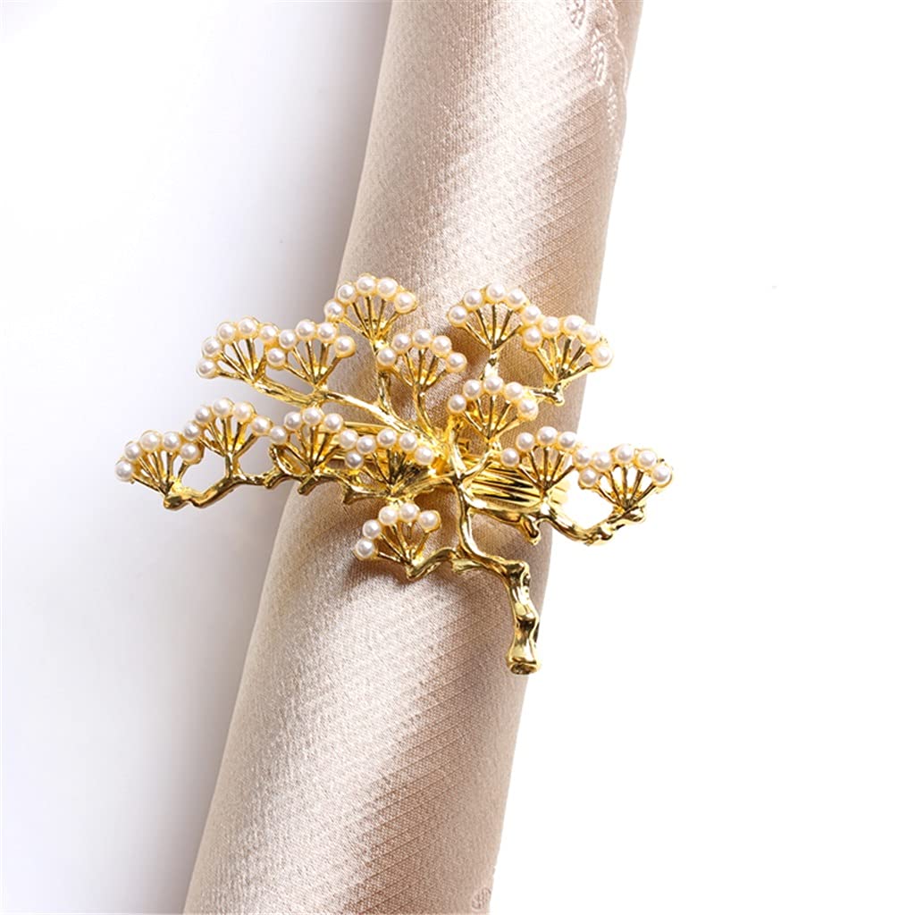 LLLY 6-Piece Pearl Pine Tree Napkin Rings Set - Zinc Alloy Western Table Decorations (Gold & Pearl) for Wedding, Christmas Dinner, and Holiday Table Settings