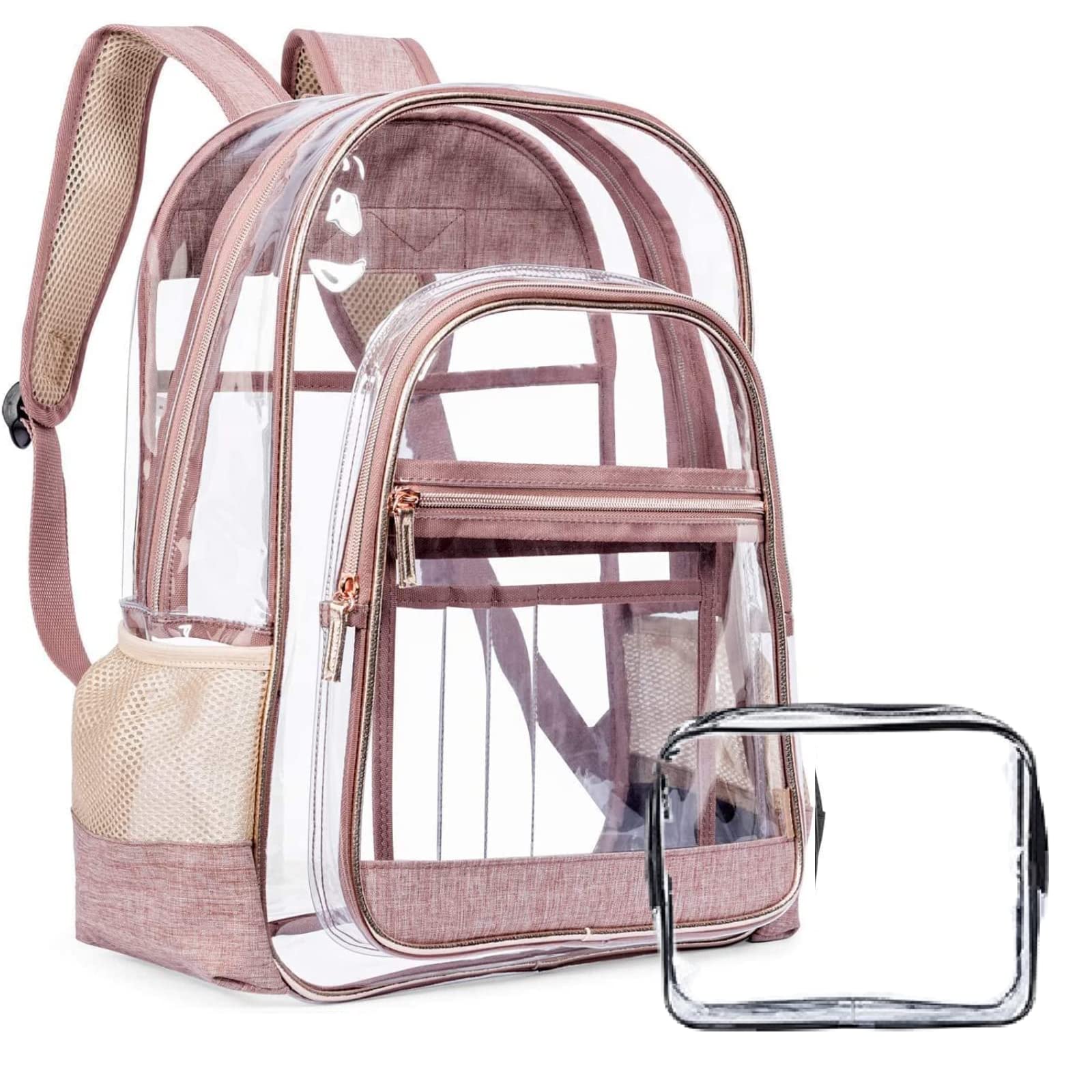 Clear Backpack Heavy Duty Transparent School Approved - Durable See Through Backpack for Sports, Work, Travel & College | Stadium Security Compliant | Includes Pink Makeup Bag - Perfect for School, Concerts, Airports & Work Commutes