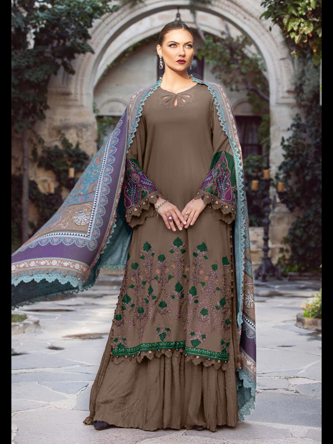 Elegant Brown Designer Heavy Semi Stitched Palazzo Suit with Exquisite Embroidery Work | Perfect for Weddings, Parties & Festive Occasions