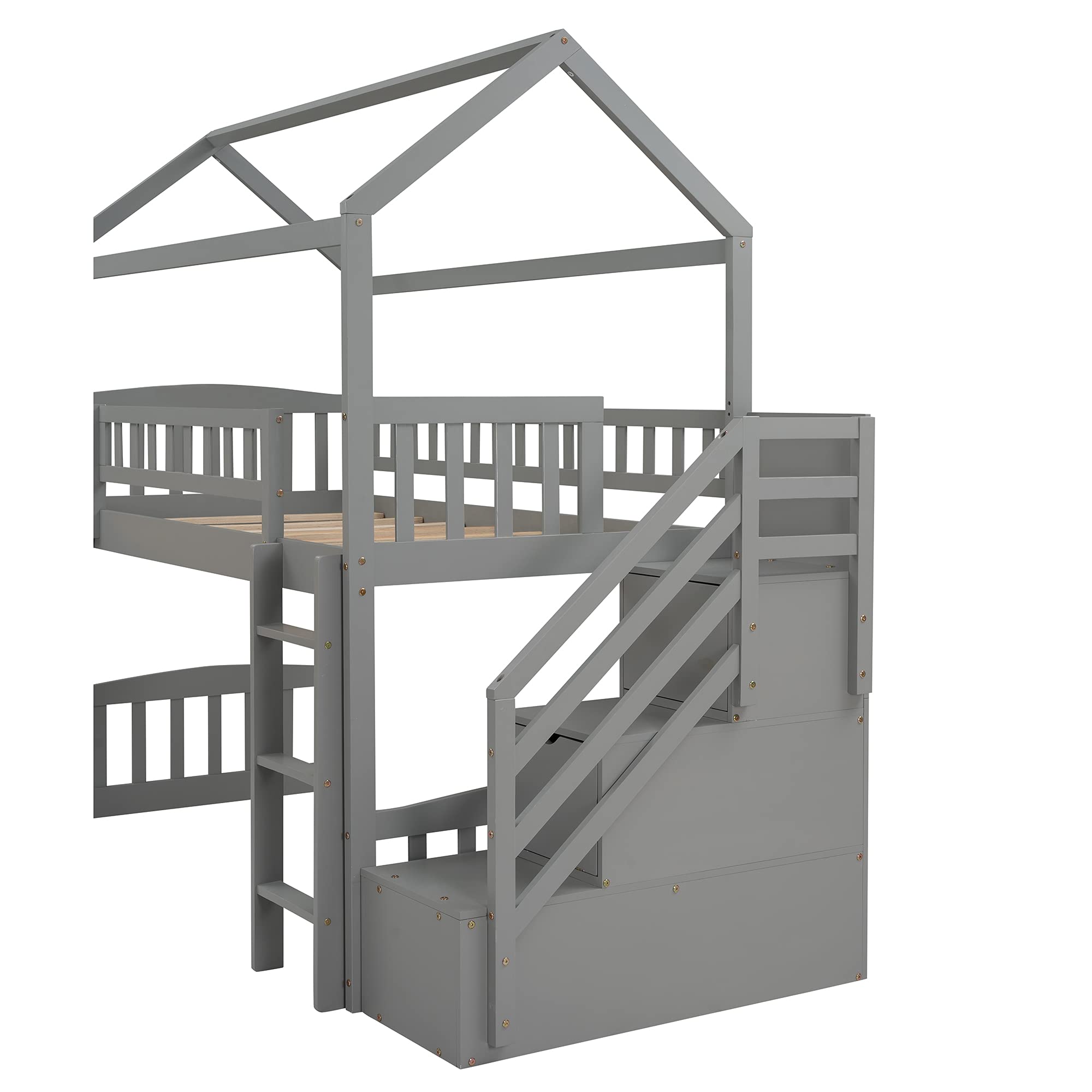 Twin Loft Bed with Slide, Stairs & 2 Drawers - Kids & Teens House Bed Frame for Bedroom (Grey) - Perfect for Small Spaces & Shared Kids' Rooms