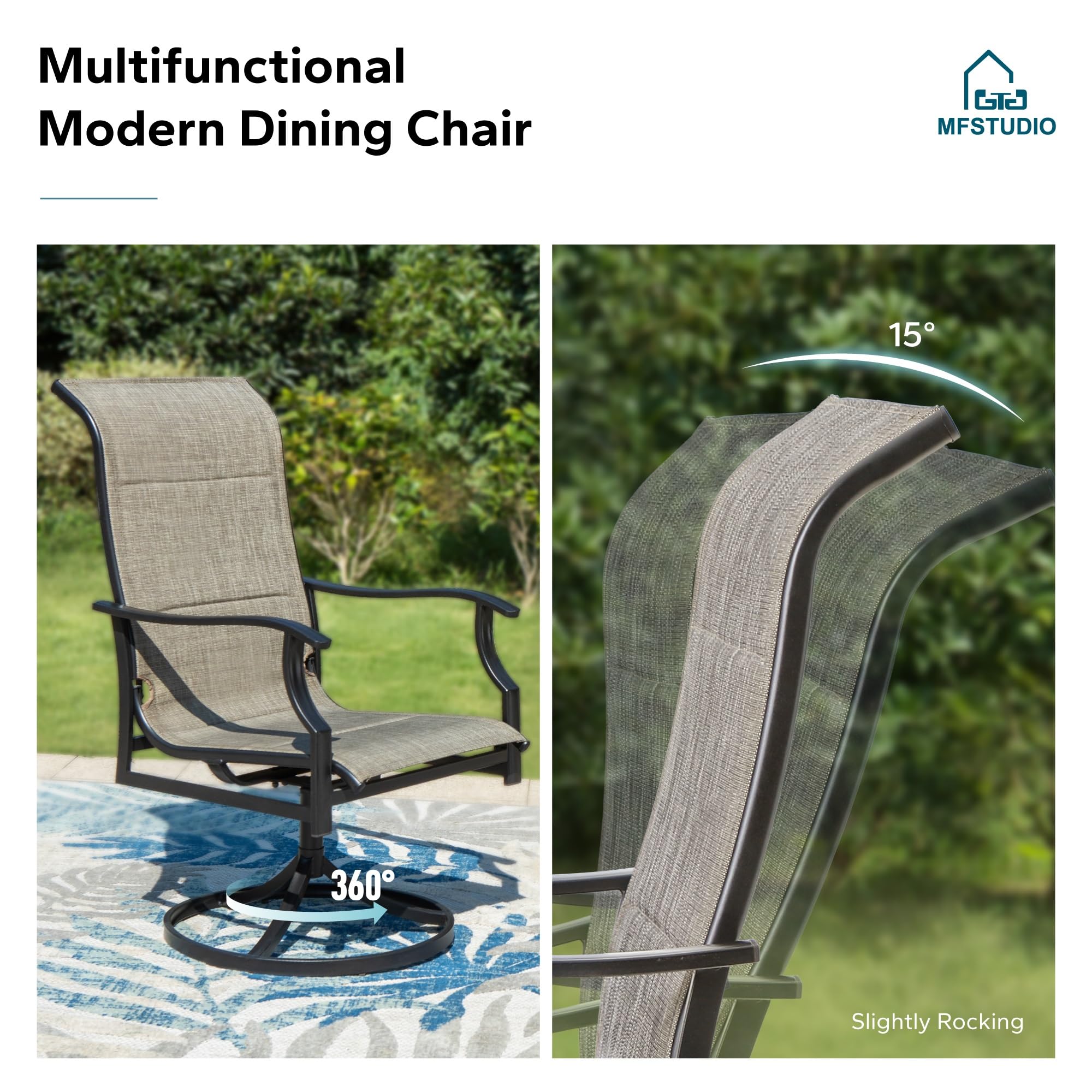 MFSTUDIO 9-Piece Outdoor Patio Dining Set - Expandable Black Metal Table with 10 Padded Textilene Swivel Chairs - Durable Garden, Poolside, Backyard & Porch Furniture for Entertaining & Relaxation