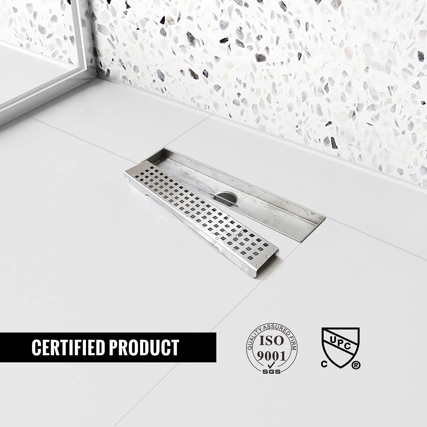 12 Inch Linear Shower Drain with Removable Grate - AISI 304 Stainless Steel Shower Floor Drain with Hair Catcher & Adjustable Leveling Feet - Modern Bathroom Drainage Solution for Walk-In Showers and Wet Rooms