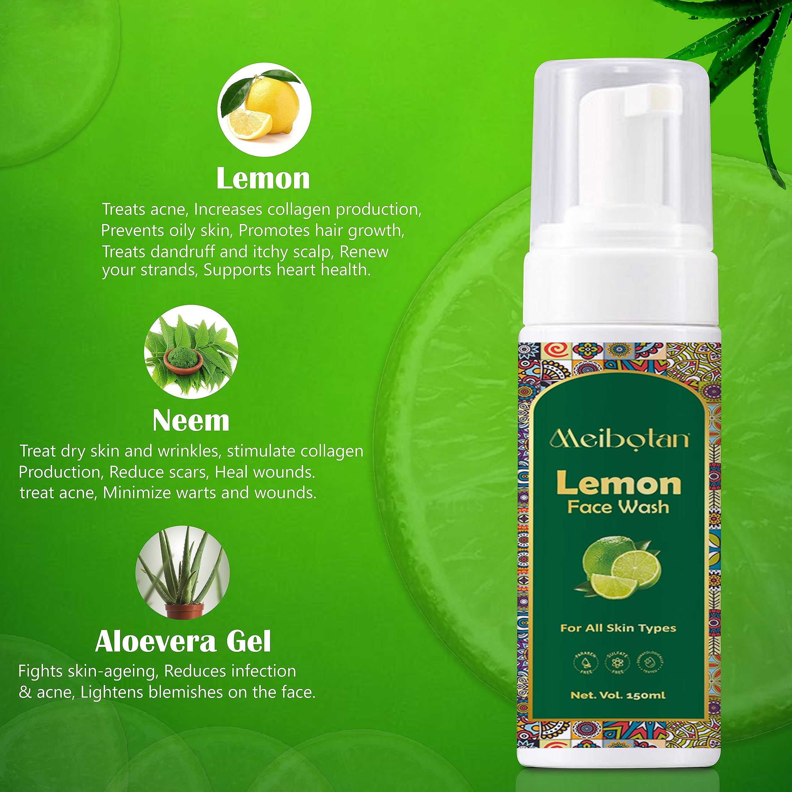 Meibotan Lemon Foaming Face Wash with Aloe Vera, Neem Extract & Glycerin - Acne Treatment, Skin Purifying, Sulfate & Paraben Free (150ml) | Gentle Cleanser for Oily & Sensitive Skin | Perfect for Daily Skincare Routine