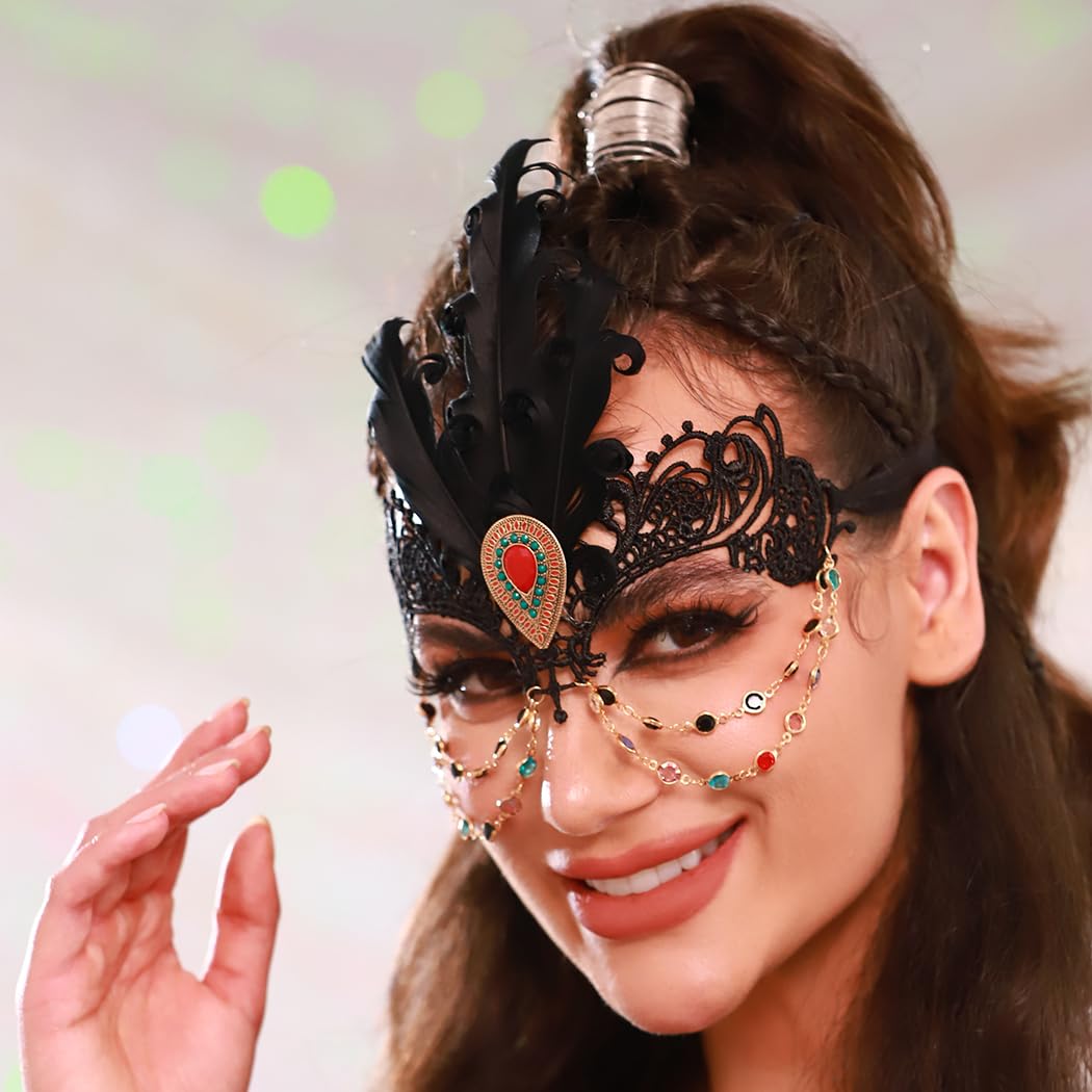 Elegant Rhinestone Masquerade Mask with Crystal & Lace - Feather Costume Mask for Women | Perfect for Mardi Gras, Halloween Parties & Venetian Balls
