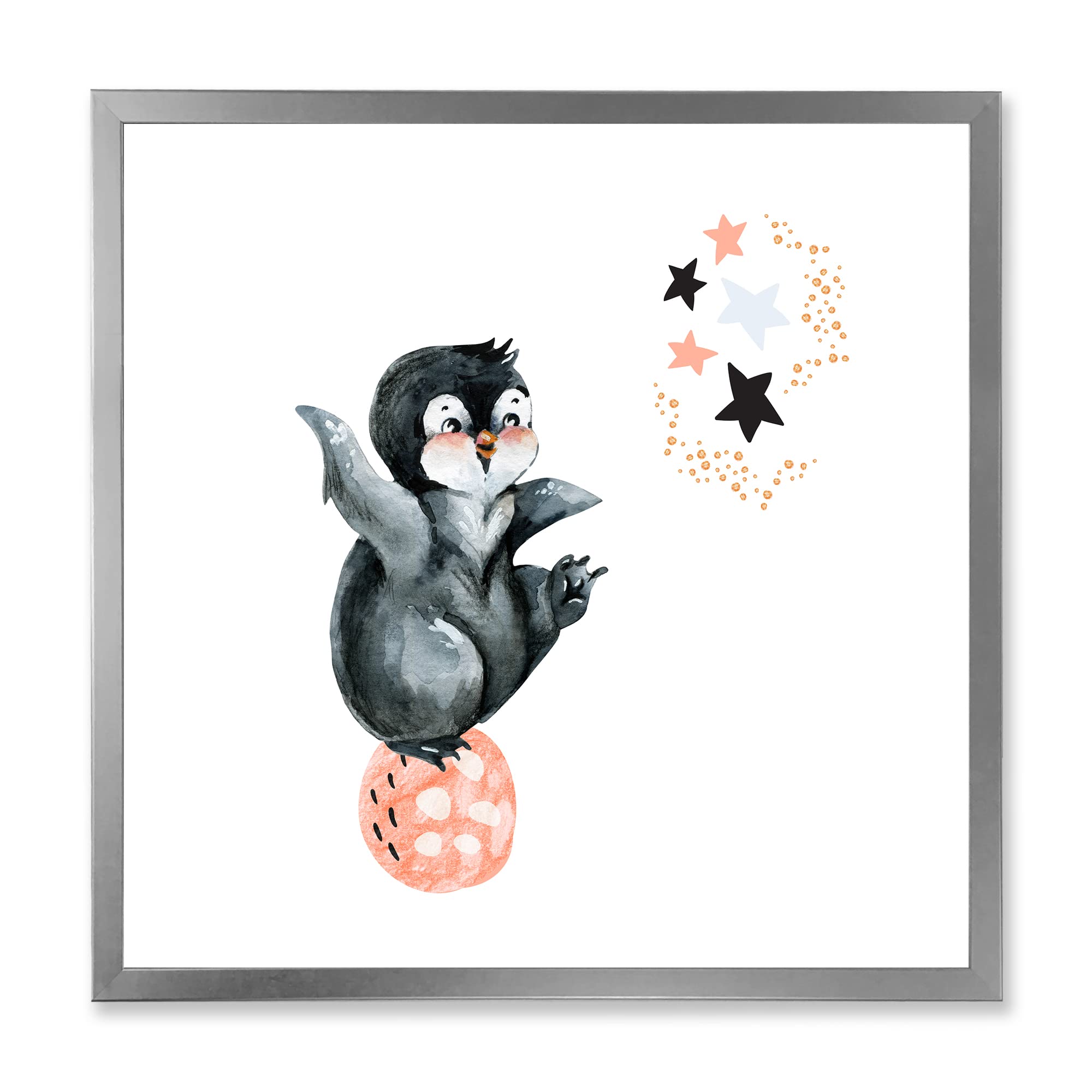 DesignQ Little Penguin With Stars and Planets II Farmhouse Framed Wall Art - Nursery Decor, Kids Room Wall Art, Living Room Decoration, Perfect Gift for Penguin Lovers