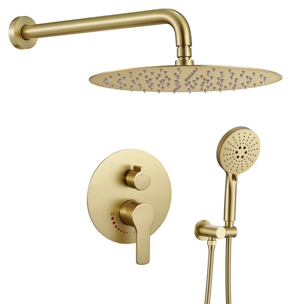Premium Brushed Gold Shower System - 10 Inch Rainfall Showerhead & High Pressure Handheld Spray - Solid Brass Shower Valve & Trim Kit for Luxurious Bathroom Upgrade | Perfect for Master Bath, Spa-Like Experience & Modern Home Renovation