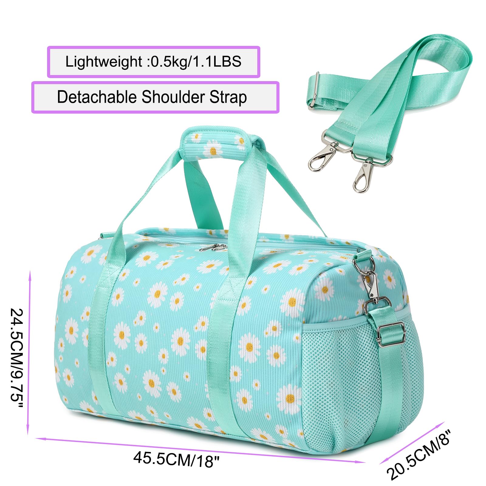 Corduroy Gym Bag for Women - Sports Duffle Ballet Dance Weekender Overnight Yoga Cheer Bag with Separate Wet/Dry Pocket & Shoe Compartment - Perfect for Gym, Travel & Dance Class (Green Daisy)