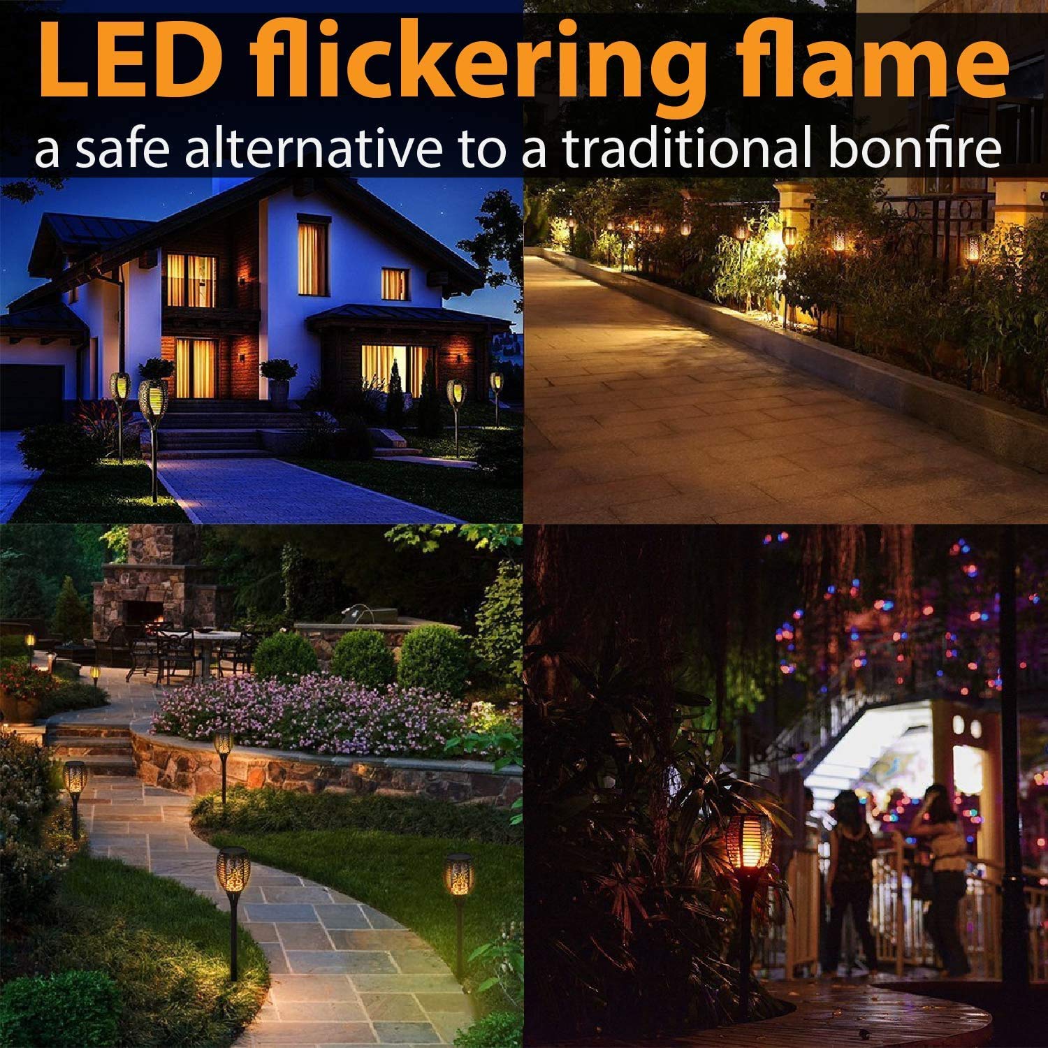 96 LED Solar Powered Flickering Flame Lights - Waterproof Outdoor Torch Lights with Auto Dusk to Dawn Sensor - 10 Pack for Patio, Driveway, Garden, Pathway & Landscape Lighting Security