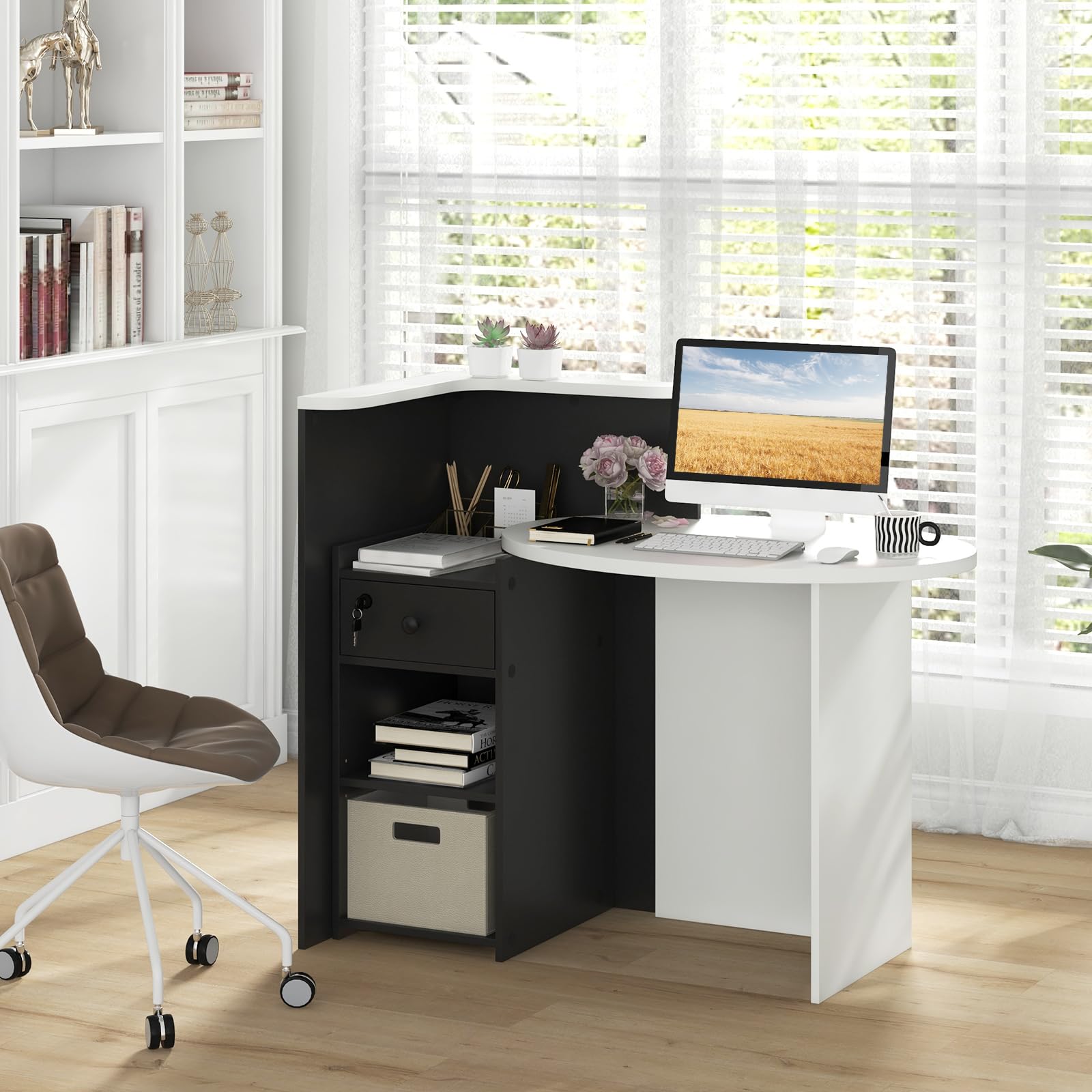 Modern Reception Desk with Oval Desktop - Open Shelf & Lockable Drawer - Small Retail Checkout Counter - Wood Computer Workstation for Home Office, Lobby, Salon & Small Business - Perfect for Customer Service Areas, Waiting Rooms & Professional Spaces