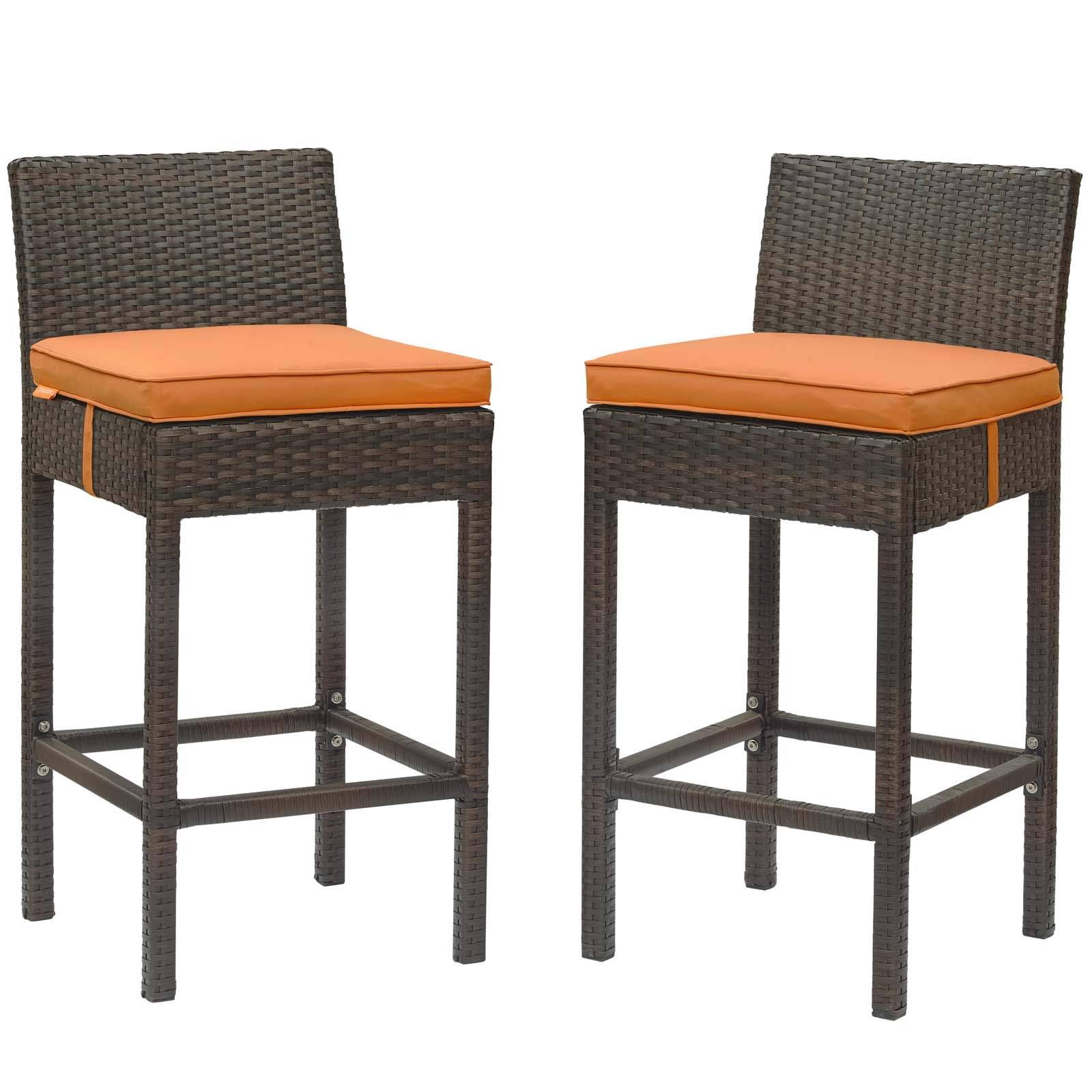 Modern Outdoor Patio Garden Bar Stool Chair Set of Two, Brown Orange Fabric Rattan Wicker, Perfect for Backyard, Poolside, and Terrace Relaxation