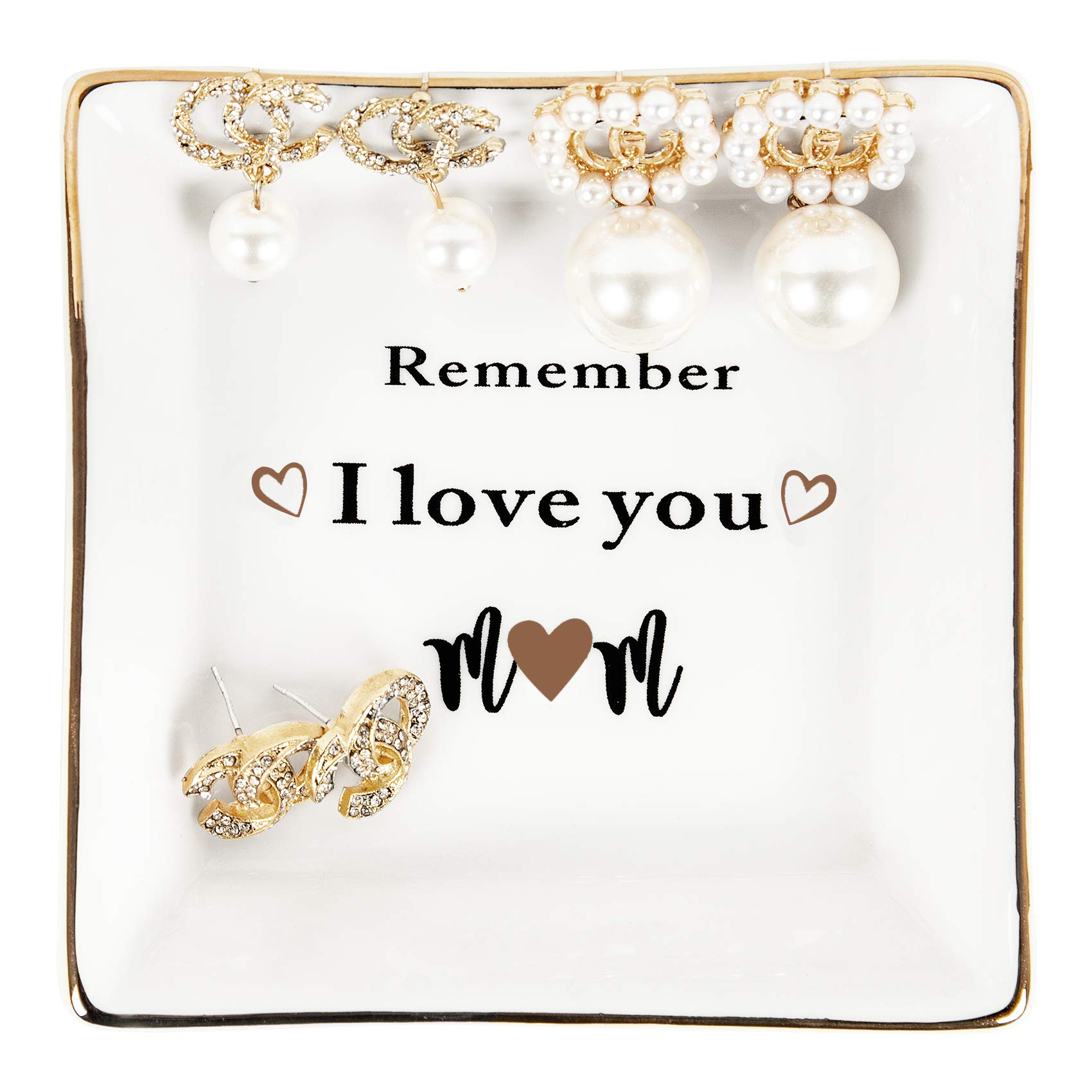 Unves Elegant Square Jewelry Dish - Perfect Mother's Day Gift from Daughter or Son, Engraved 'Remember I Love You Mom' - Decorative Ring & Trinket Tray for Birthday, Anniversary - Ideal for Dresser, Vanity & Nightstand Organization