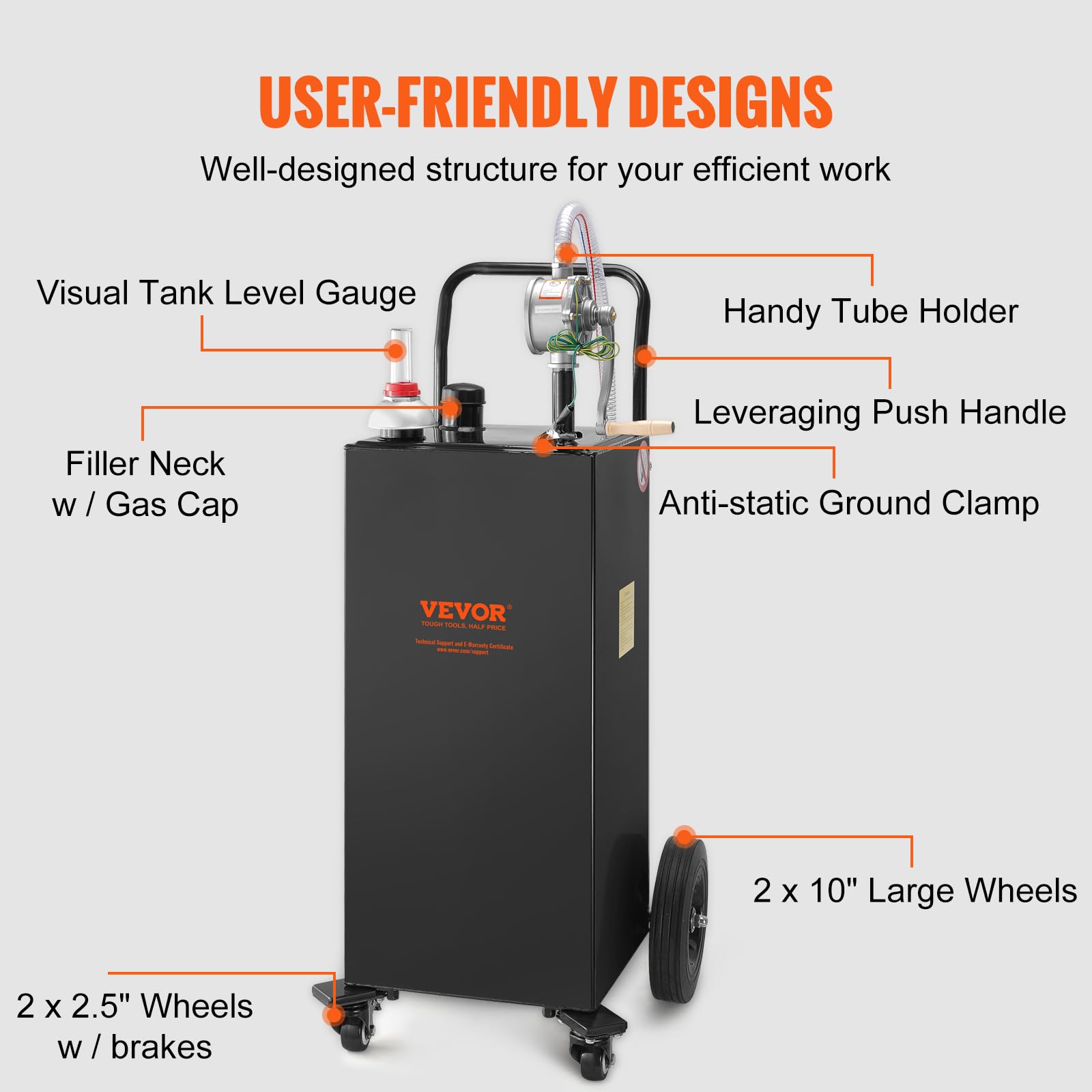 VEVOR 35 Gallon Portable Gas Caddy with Manual Pump - 4-Wheel Fuel Storage Tank for Gasoline & Diesel - Heavy Duty Transport Container for Cars, Lawn Mowers, ATVs, Boats & More - Ideal for Home, Farm & Marine Use