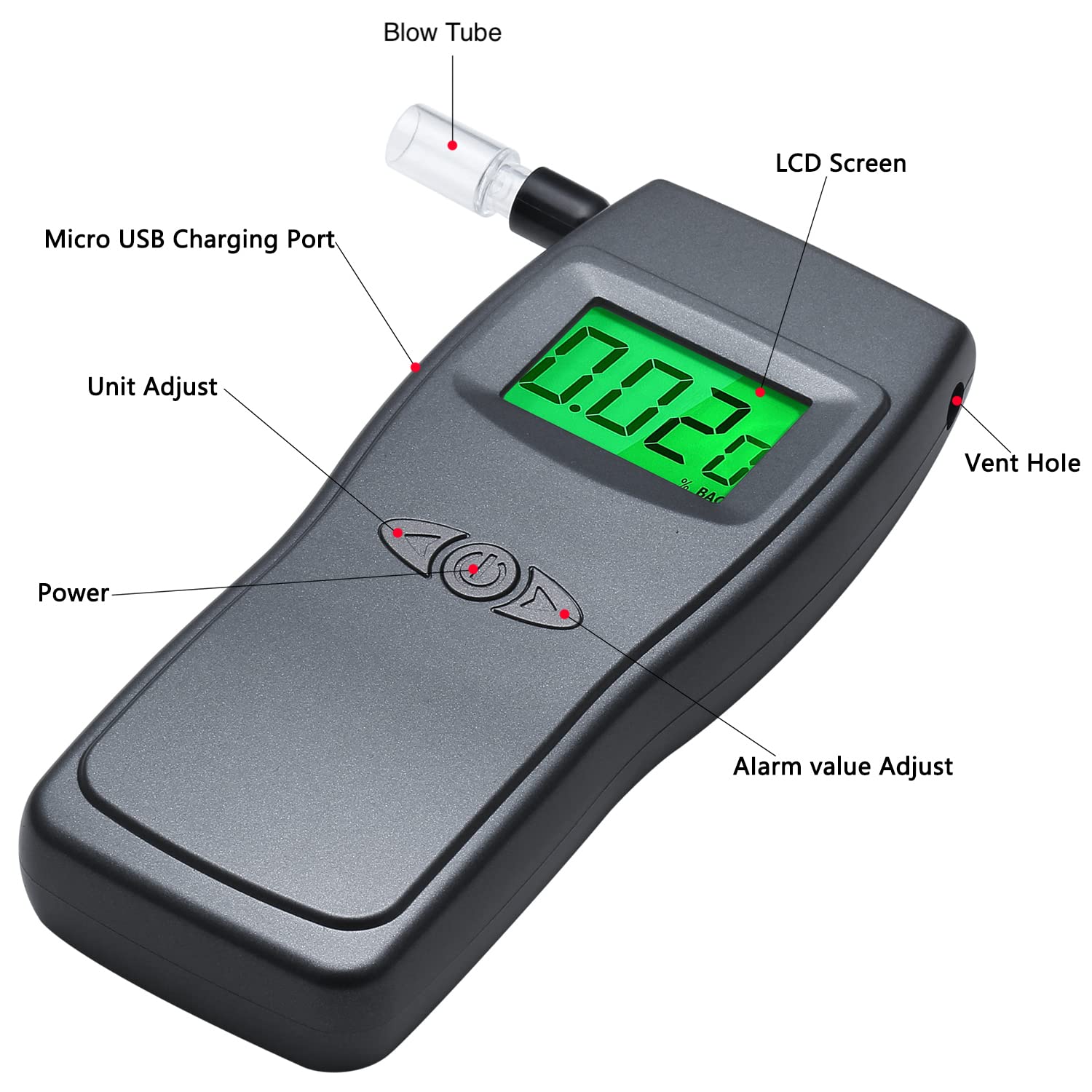 Professional Breathalyzer Alcohol Tester - USB Rechargeable Portable BAC Detector with 10 Disposable Mouthpieces | Accurate Personal & Workplace Alcohol Testing | Perfect for Drivers, Safety Officers & Party Use - BELLADDY INC EK923