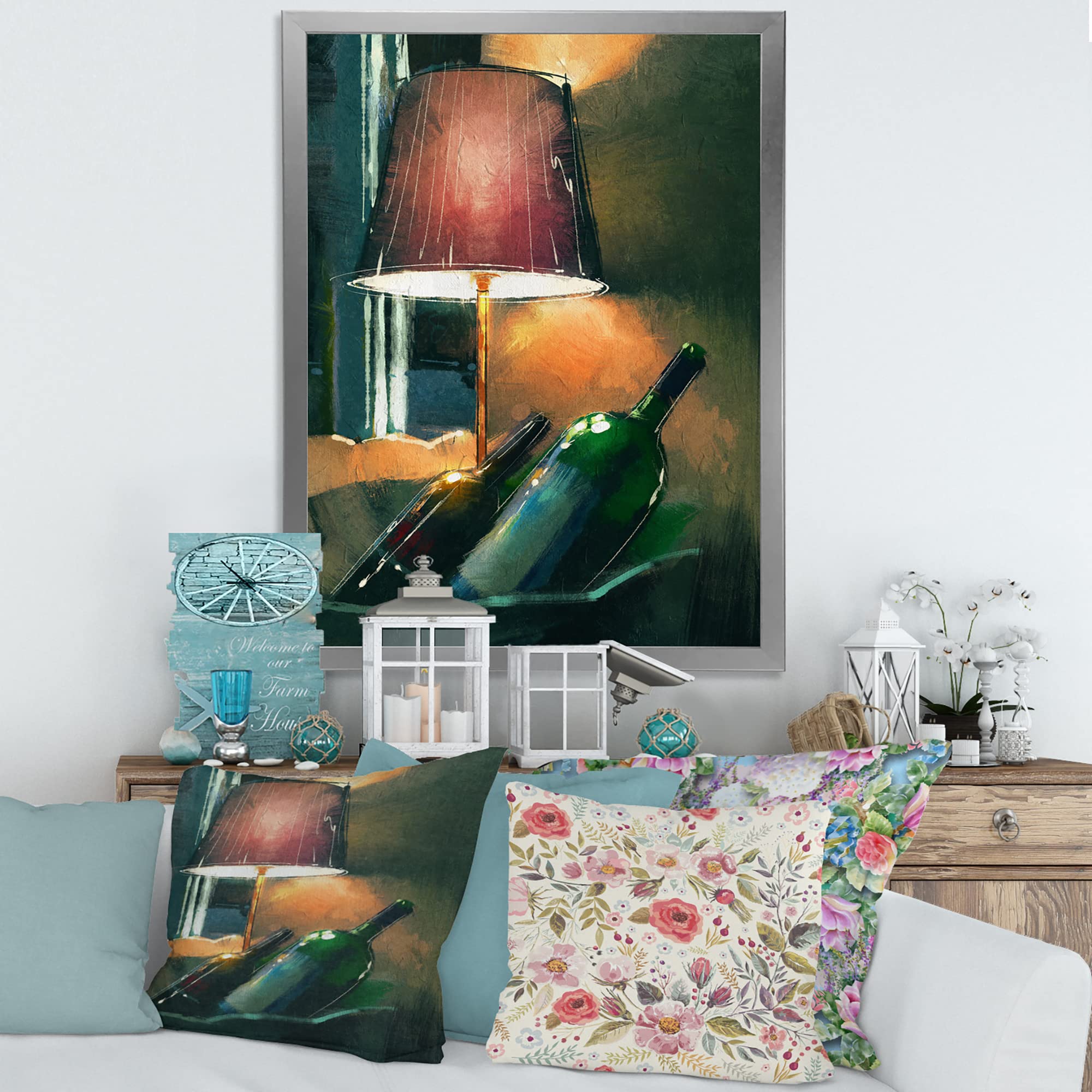 Modern Framed Wall Art - Glowing Orange Wine Bottles & Lamp for Nighttime Decor | Elegant Home Bar & Living Room Accent Lighting